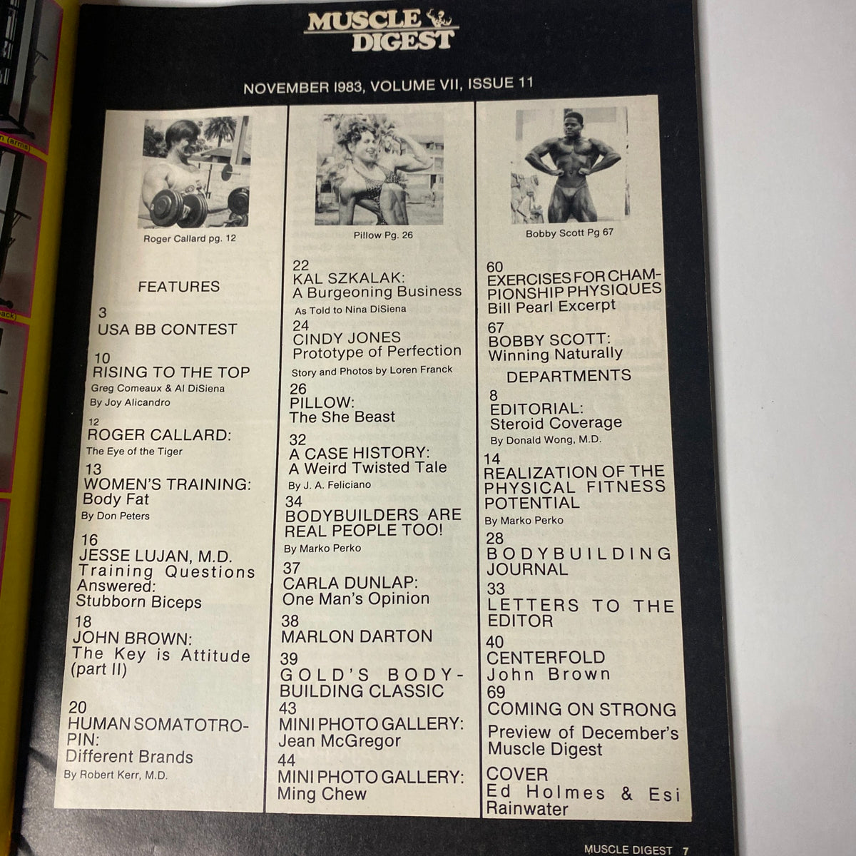 Table of contents page of Muscle Digest Magazine November 1983, detailing articles and features including topics like bodybuilding, training, and health.