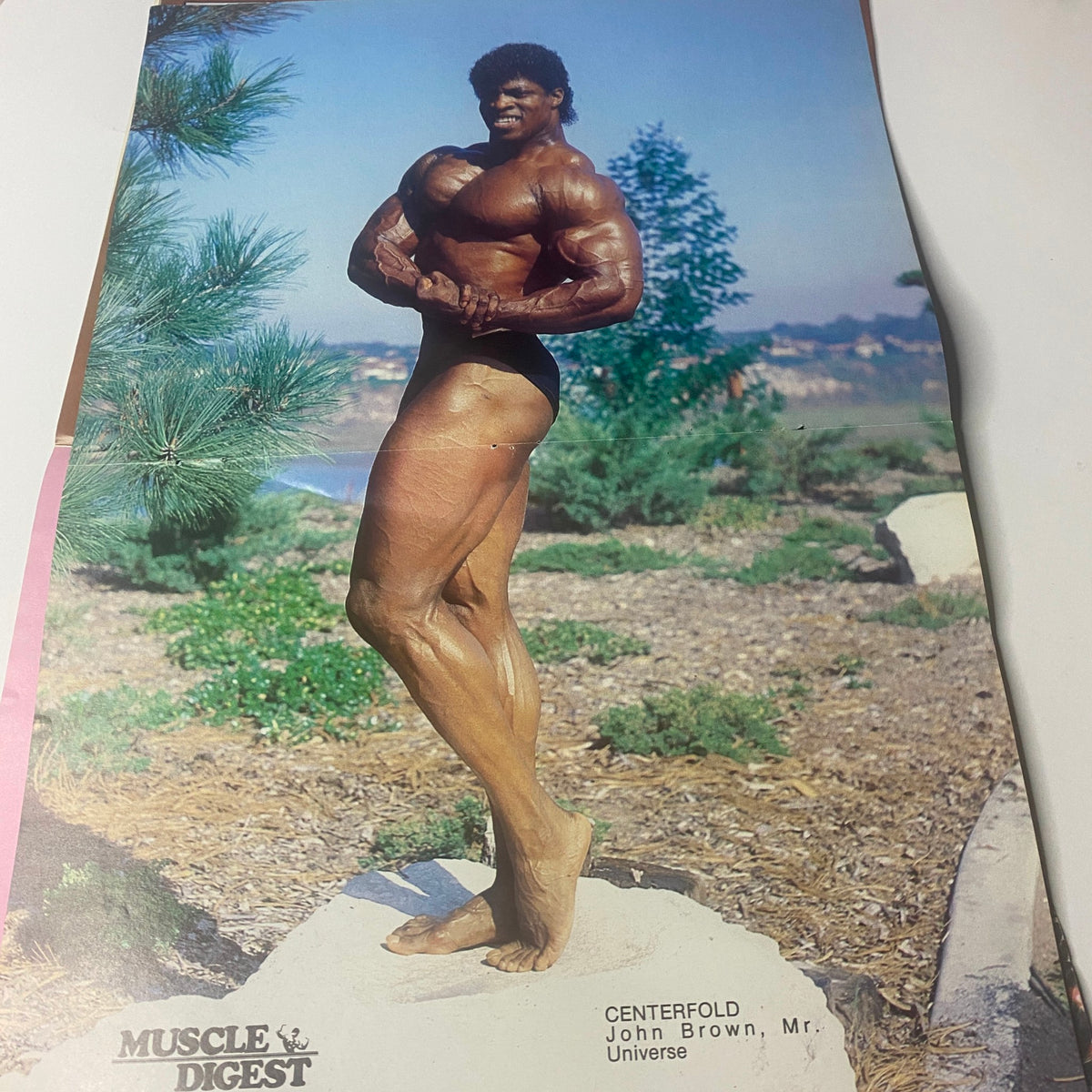 Centerfold of Muscle Digest Magazine November 1983 featuring John Brown, Mr. Universe, showcasing his impressive physique in a bodybuilding pose against a natural background.