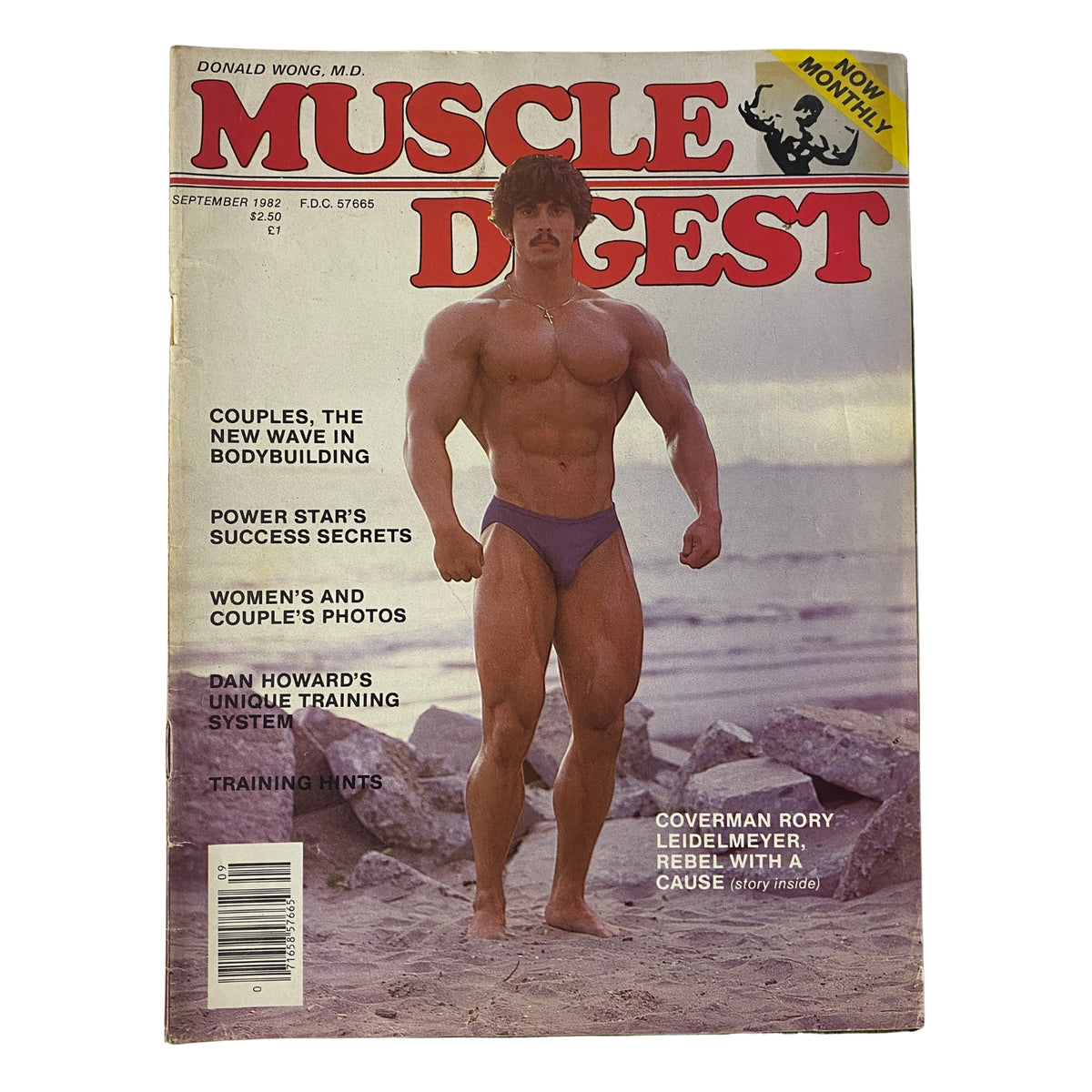 Cover of Muscle Digest Magazine, September 1982, Vol. 6 No. 8 featuring Rory Leidelmeyer, showcasing bodybuilding culture with a strong physique against a beach backdrop.