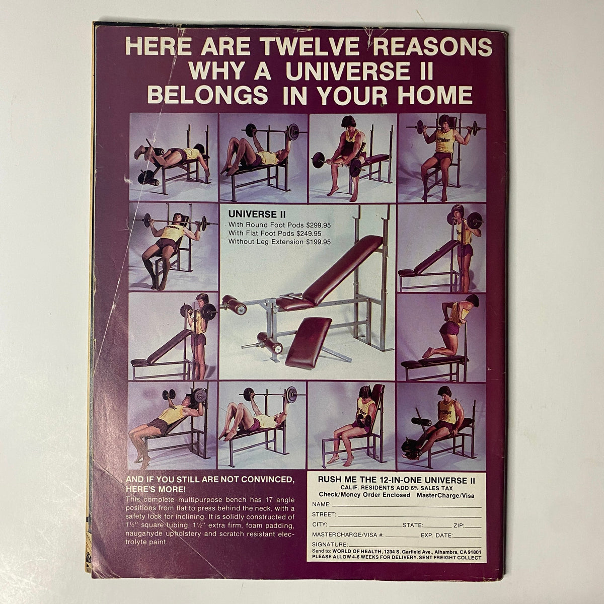 Back cover of Muscle Digest Magazine - September 1982, Volume VI, Issue 8, promoting the Universe II exercise equipment with instructional images.