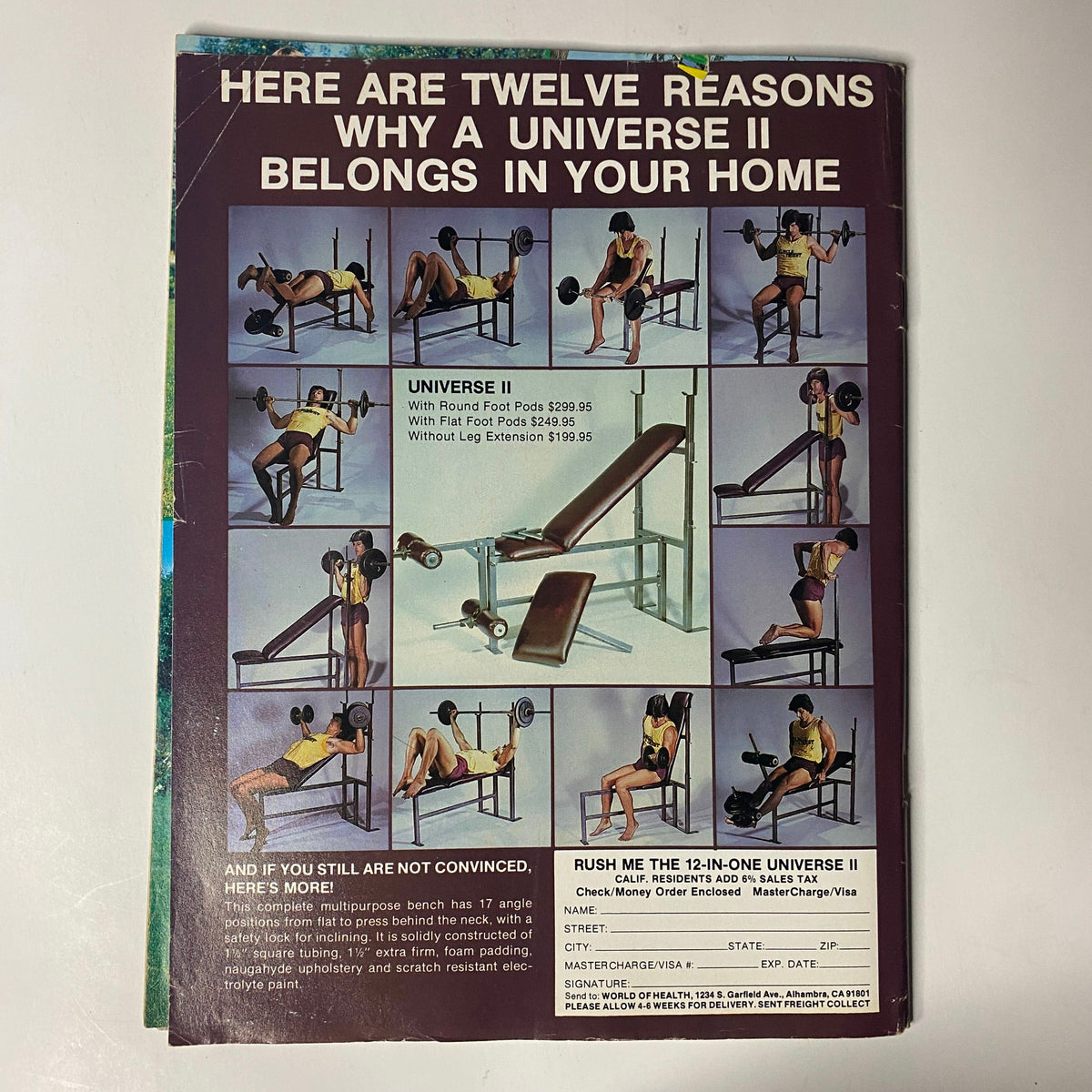 Back cover of Muscle Digest Magazine August 1982 Vol 6 No. 7 showcasing workout equipment and promotional details for the Universe II gym set.