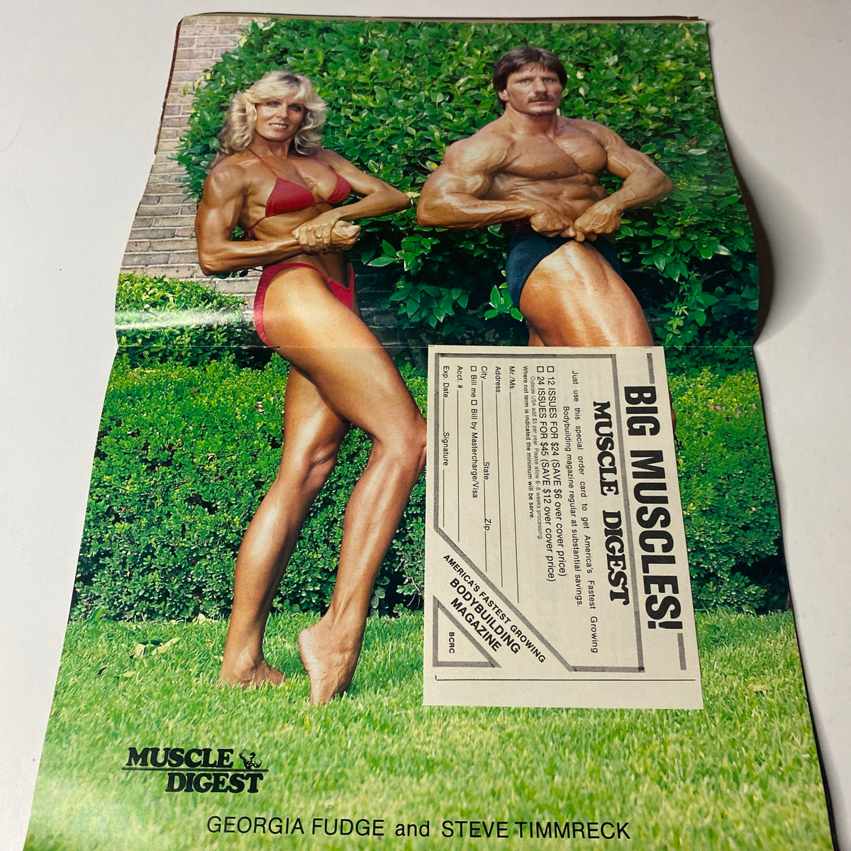 Centerfold from Muscle Digest Magazine October 1983 featuring Georgie Fudge and Steve Timmreck, highlighting bodybuilding poses and fitness accomplishments.