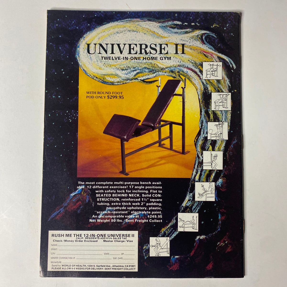 Advertisement for Universe II home gym included in Muscle Digest Magazine May 1983 Vol 7 No. 5, featuring a detailed photo of the gym setup and pricing information.