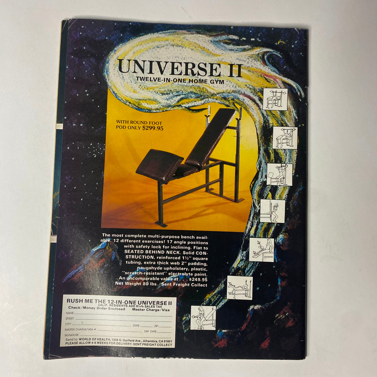 Back cover of Muscle Digest Magazine February 1983 advertising the Universe II home gym, highlighting its features and pricing.