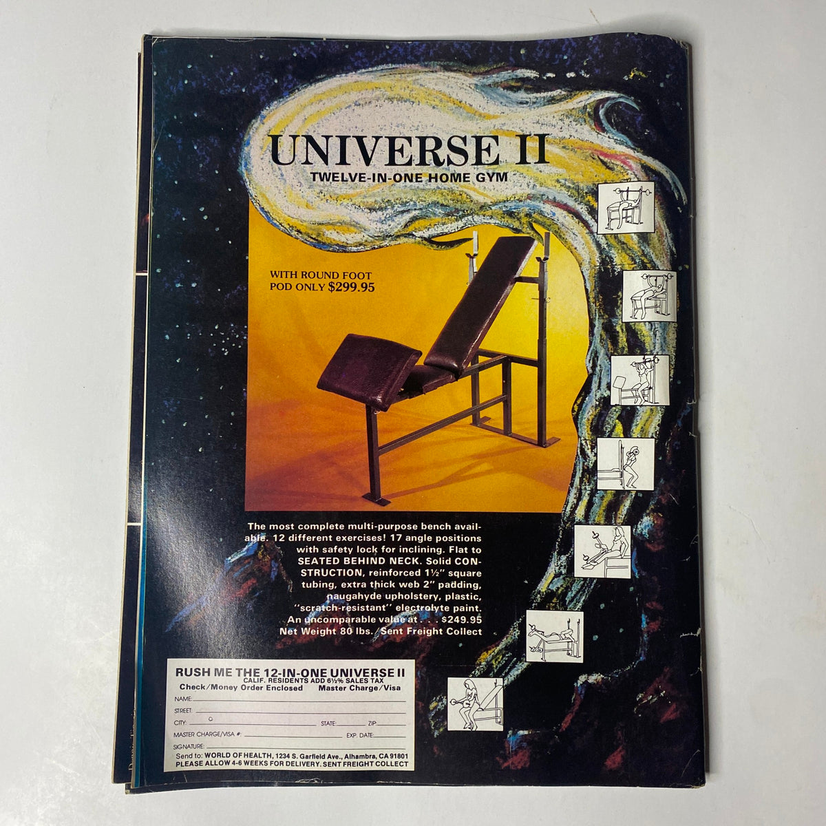 Back cover of Muscle Digest Magazine March 1983 advertising the Universe II home gym, showcasing its features and promotional offers related to fitness equipment.