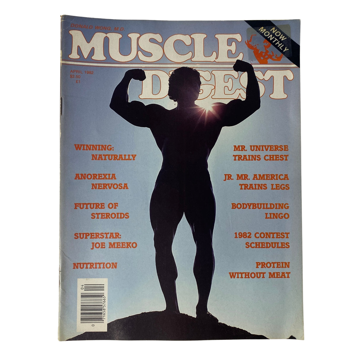 Cover of Muscle Digest Magazine April 1982 Vol 6 No. 3 featuring Dennis Tinerino, showcasing bodybuilding articles including 'Winning: Naturally', 'Mr. Universe Trains Chest', and 'Protein Without Meat'.