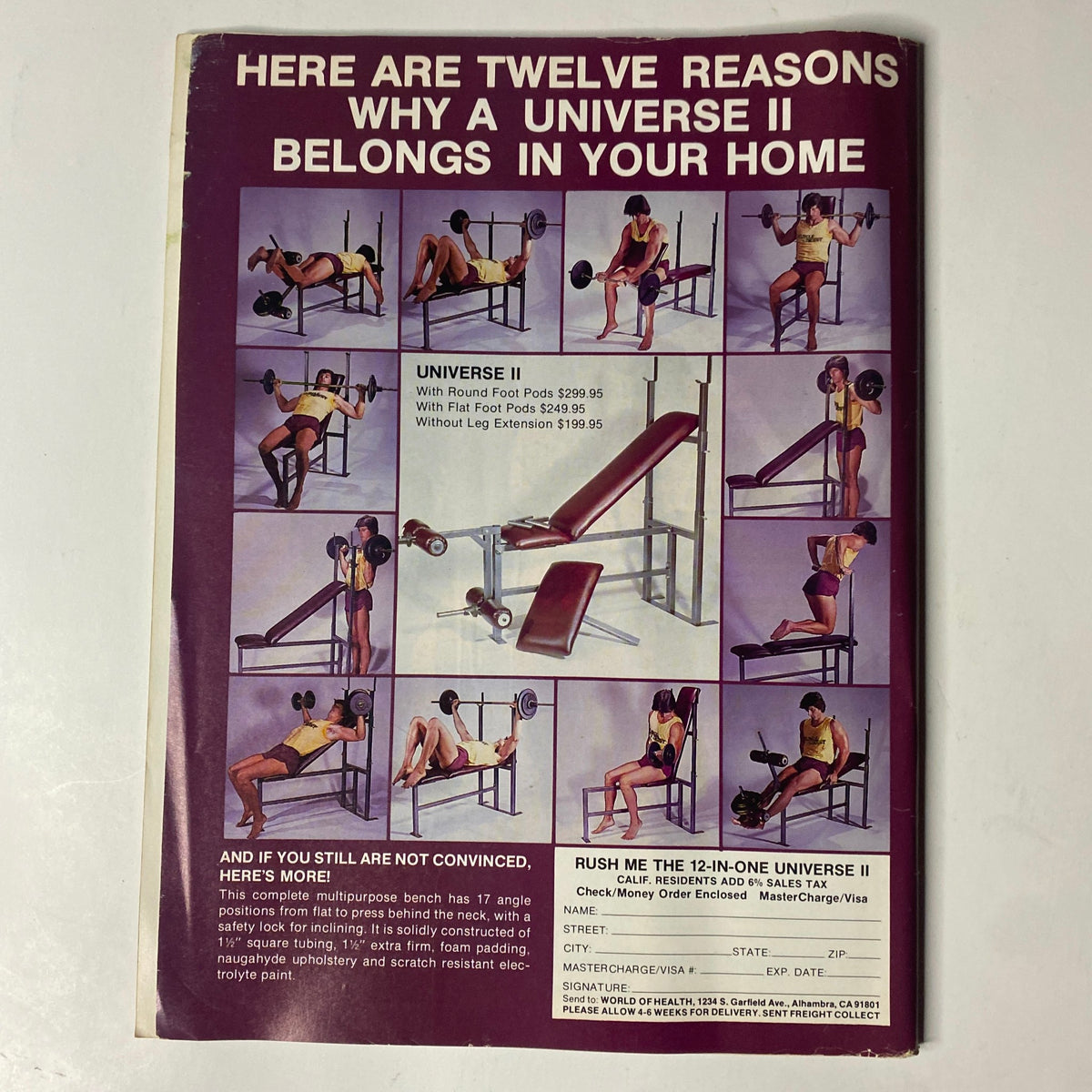 Back cover of Muscle Digest Magazine April 1982 Vol 6 No 3 showcasing the Universe II multi-gym system with exercise illustrations.