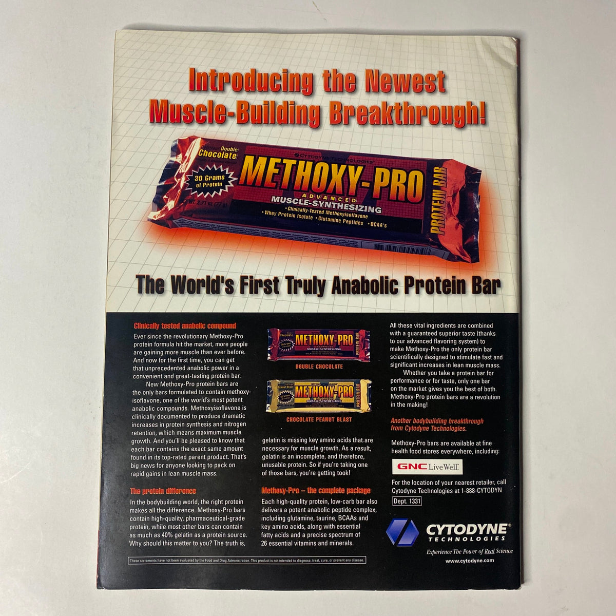 Back cover of Natural Bodybuilding & Fitness Magazine November 2001 introducing Methoxy-Pro, a muscle-building protein bar, promoting its unique formulation.