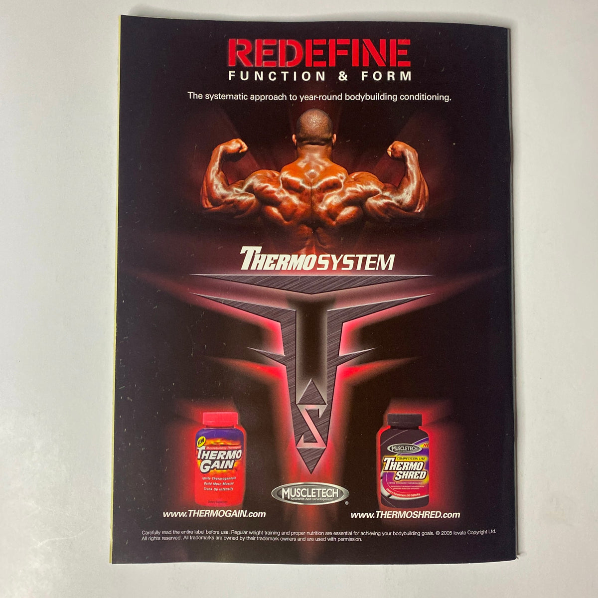 Advertisement for ThermoSystem in Natural Bodybuilding & Fitness Magazine August 2005 emphasizing bodybuilding conditioning.