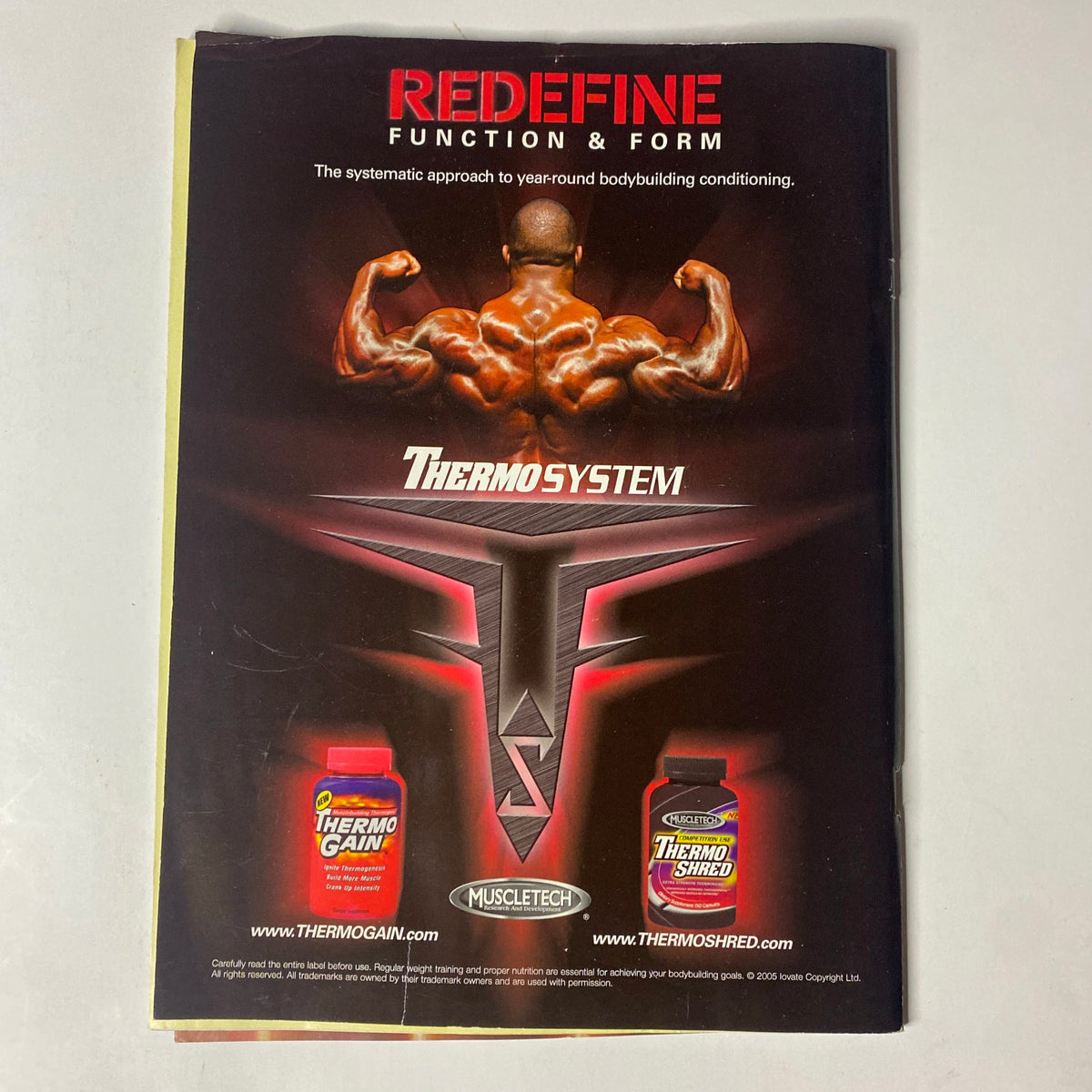 Advertisement page from Natural Bodybuilding & Fitness Magazine August 2005 promoting ThermoSystem products for bodybuilding and fitness conditioning.