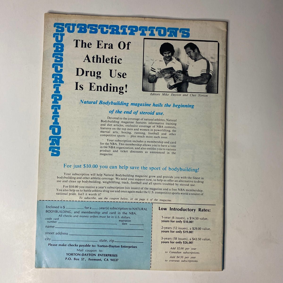 Back cover of Natural Bodybuilding Magazine October 1981 Vol 1 No 1 advertising subscriptions and promoting the end of athletic drug use, highlighting the magazine's commitment to natural bodybuilding.