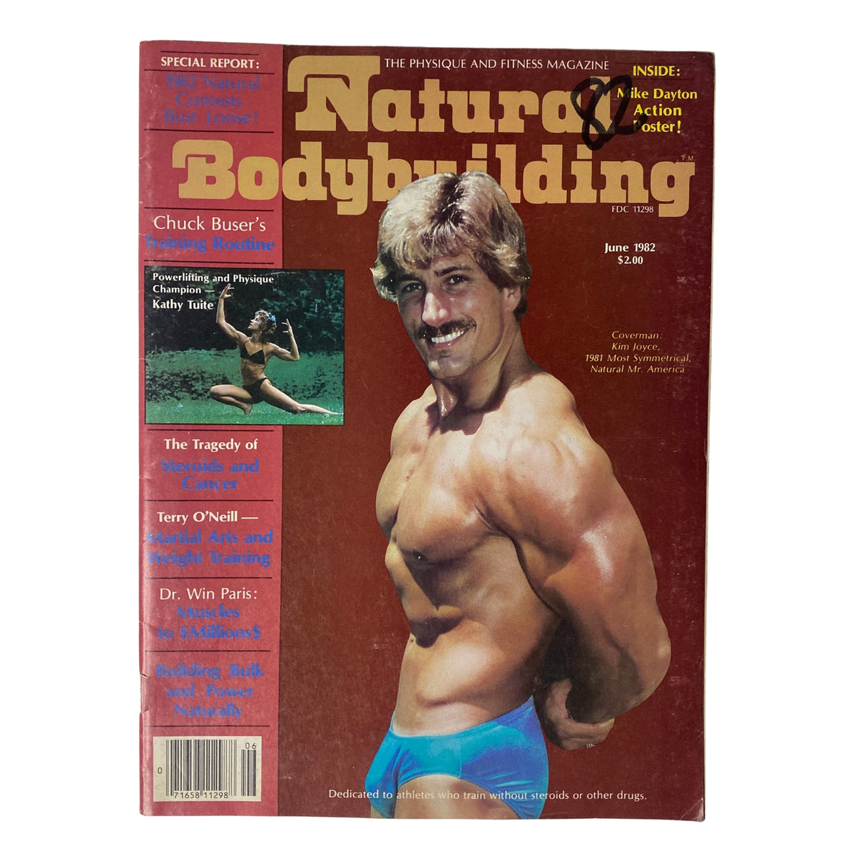 Cover of Natural Bodybuilding Magazine June 1982, Vol 1 No 4 featuring Kim Joyce, showcasing drug-free bodybuilding with emphasis on performance, integrity, and health.