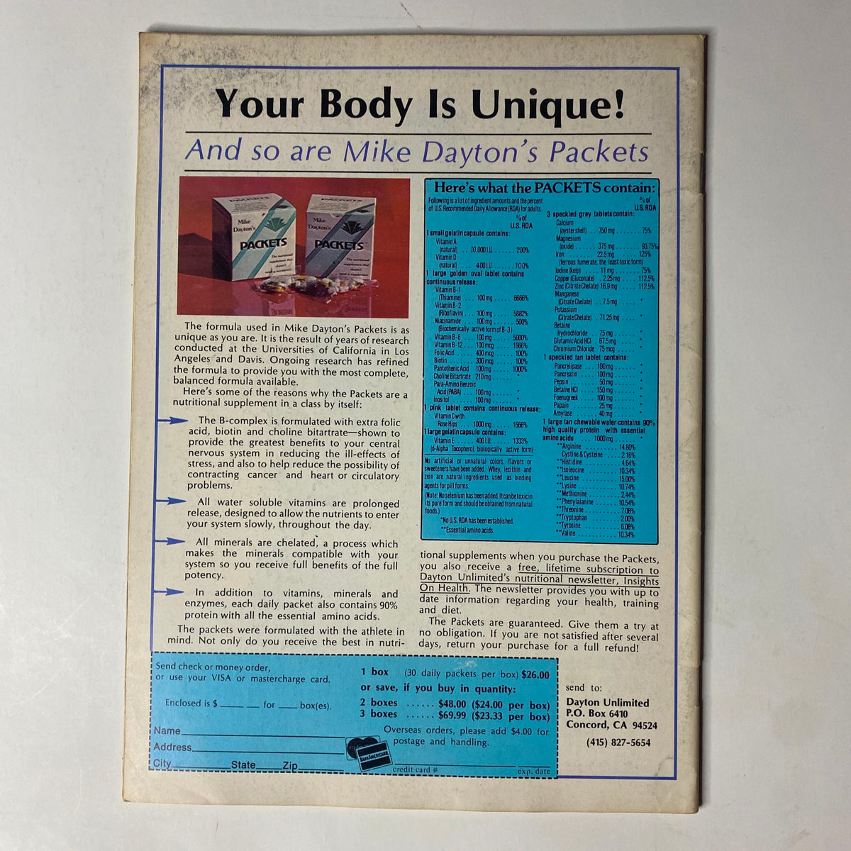 Back cover of Natural Bodybuilding Magazine June 1982, Vol 1 No 4, promoting Mike Dayton's nutritional packets with a summary of contents and benefits.