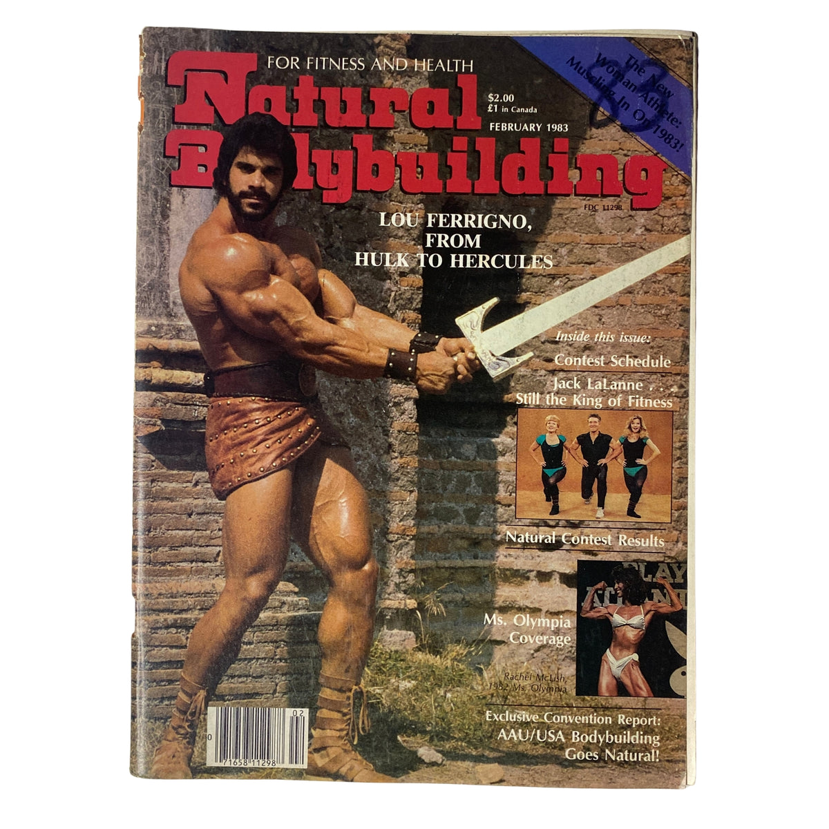 Natural Bodybuilding Magazine February 1983 Vol 2 No 6 featuring Lou Ferrigno, showcasing fitness themes and bodybuilding insights of the 1980s, with a cover image of Ferrigno posing with a sword.