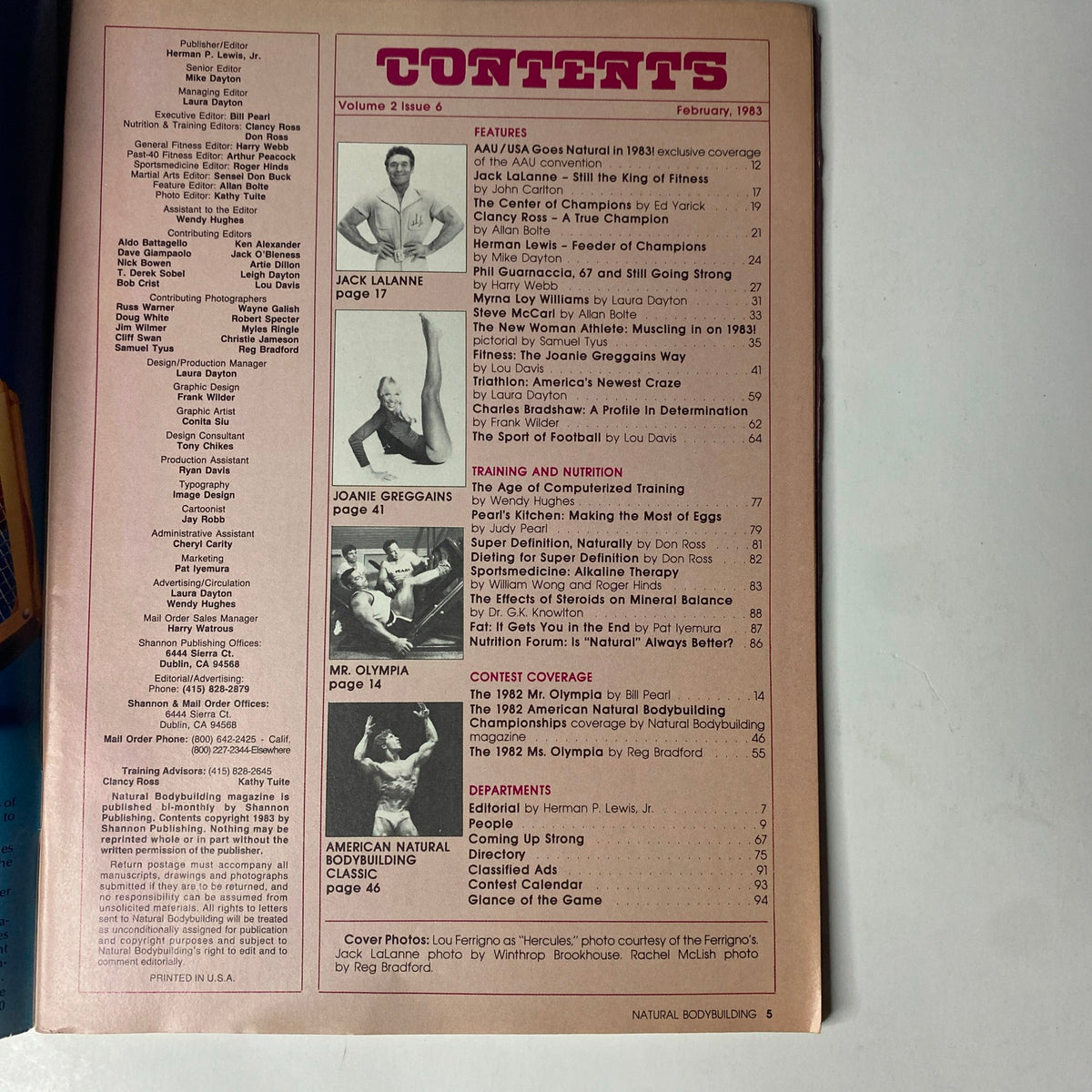 Table of Contents from Natural Bodybuilding Magazine February 1983 Vol 2 No 6 Lou Ferrigno, featuring articles on AAU Goes Natural, Jack LaLanne, and various training and nutrition topics.