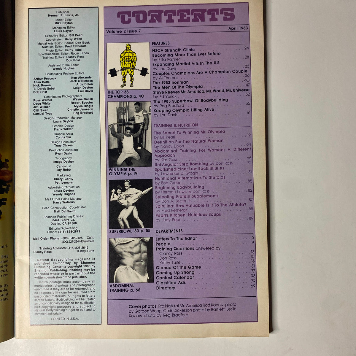 Table of Contents page from Natural Bodybuilding Magazine April 1983 Vol 2 No 7 detailing featured articles on strength training and nutrition.