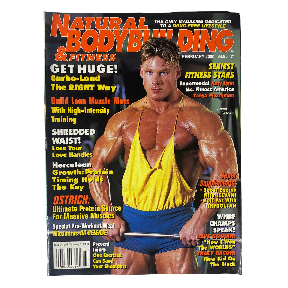 Natural Bodybuilding & Fitness Magazine February 2000 featuring Adam Wilson on the cover, showcasing topics like high-intensity training, nutrition, and bodybuilding techniques.