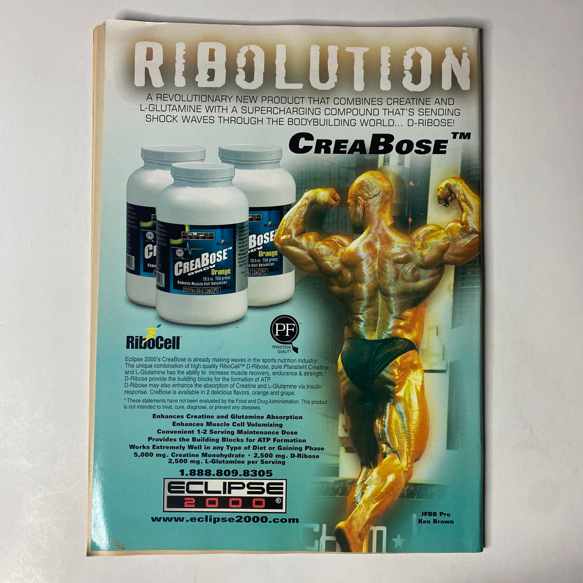 Advertisement for CreaBose™ featured in Natural Bodybuilding & Fitness Magazine February 2000, showcasing a muscular bodybuilder and highlighting a revolutionary product that combines creatine and L-glutamine for enhanced performance in bodybuilding.