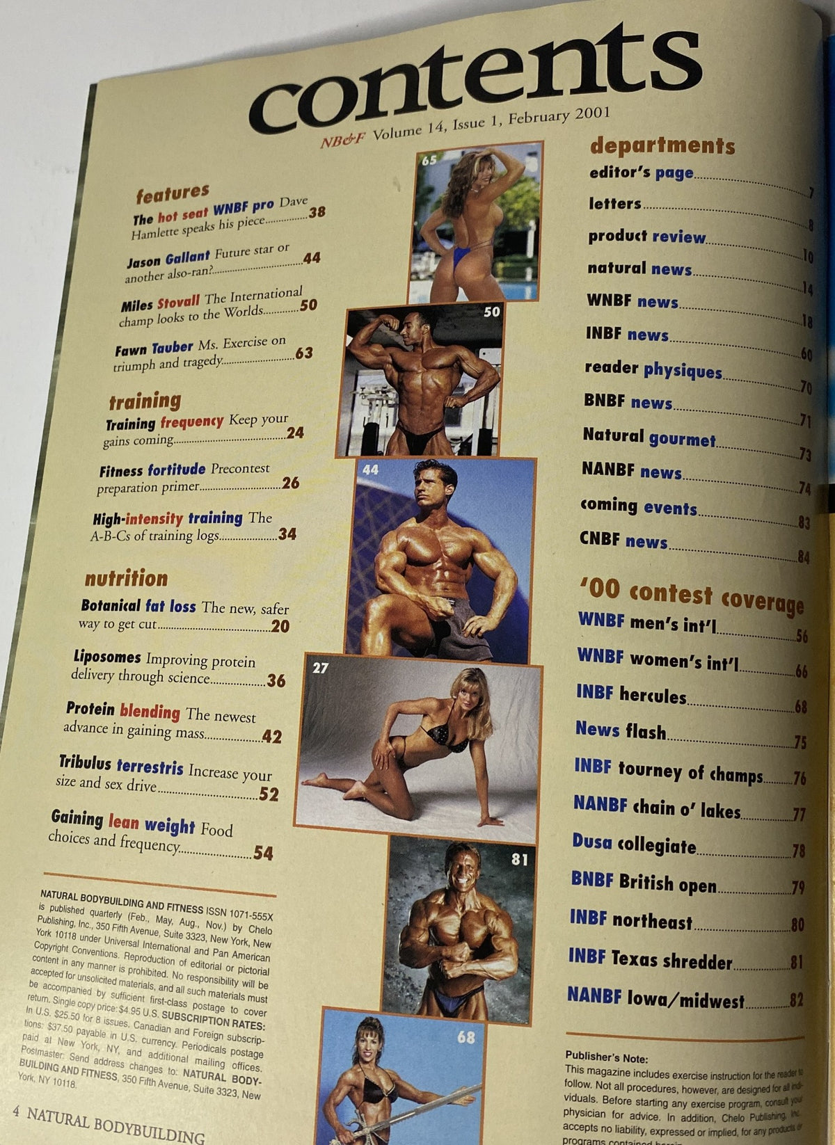 Table of Contents from Natural Bodybuilding & Fitness Magazine February 2001, outlining features on nutrition, training, and competition.