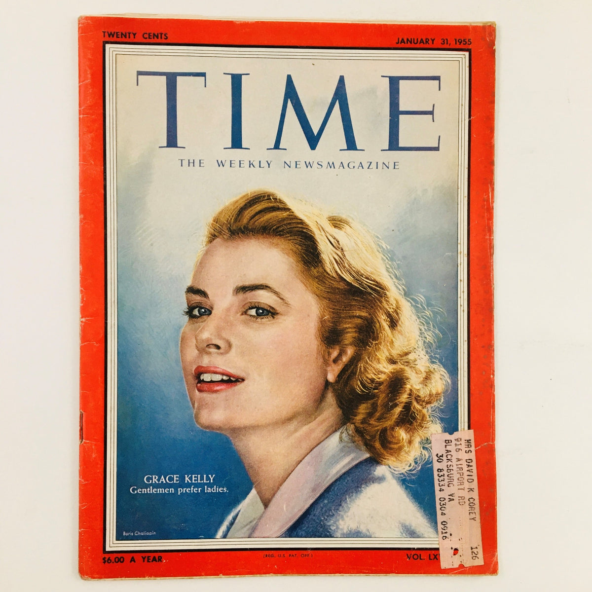 Cover of Time Magazine from January 31, 1955, Volume 65, Number 5 featuring Grace Kelly with the title 'Gentlemen Prefer Ladies'. Good condition with an address label on the front.