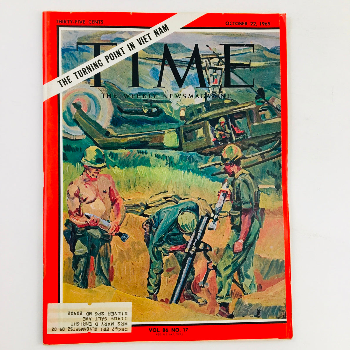 Cover of Time Magazine, October 22, 1965, Vol. 86 No. 17, titled 'The Turning Point in Viet Nam', featuring illustrated soldiers and helicopters, highlighting pivotal events during the Vietnam War.