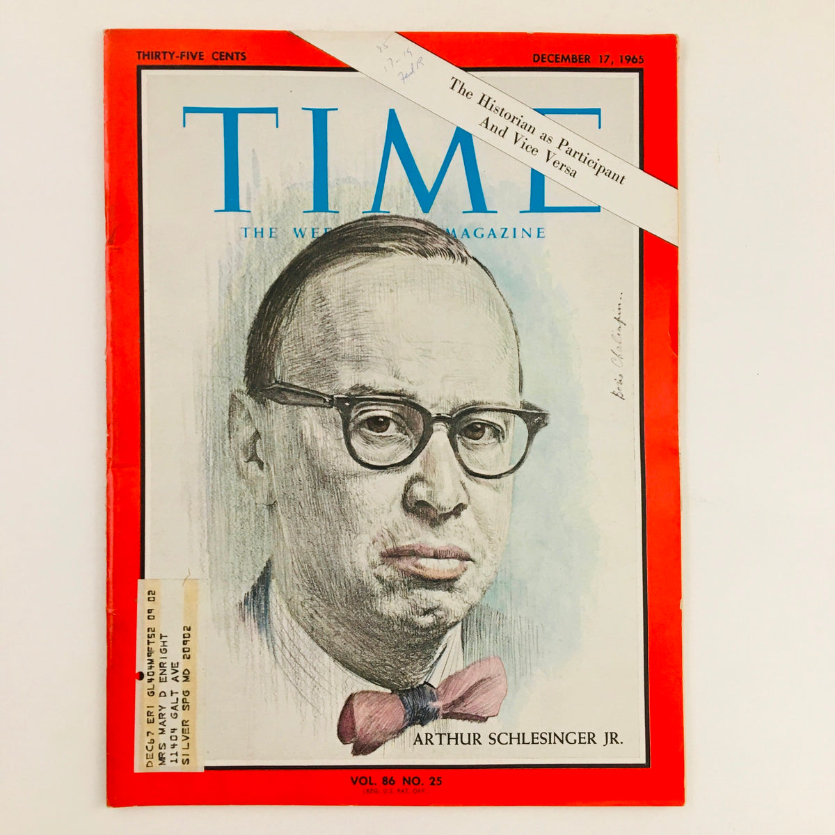 Cover of Time Magazine from December 17, 1965, Volume 86, Number 25 featuring historian Arthur Schlesinger Jr., showcasing a colored illustration and vintage design elements.