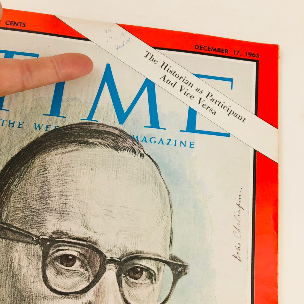 Cover of Time Magazine dated December 17, 1965, Volume 86, Number 25, featuring an illustration of historian Arthur Schlesinger Jr. with a striking design and handwritten notes on the margin.