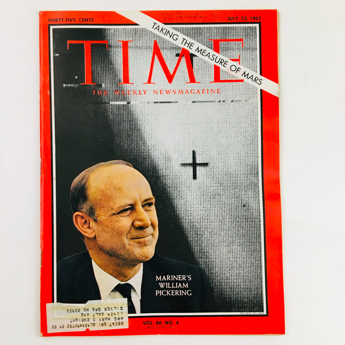Time Magazine July 23, 1965, Vol. 86, No. 4 featuring Mariner's William Pickering on the cover with a classic red border and a black-and-white image.
