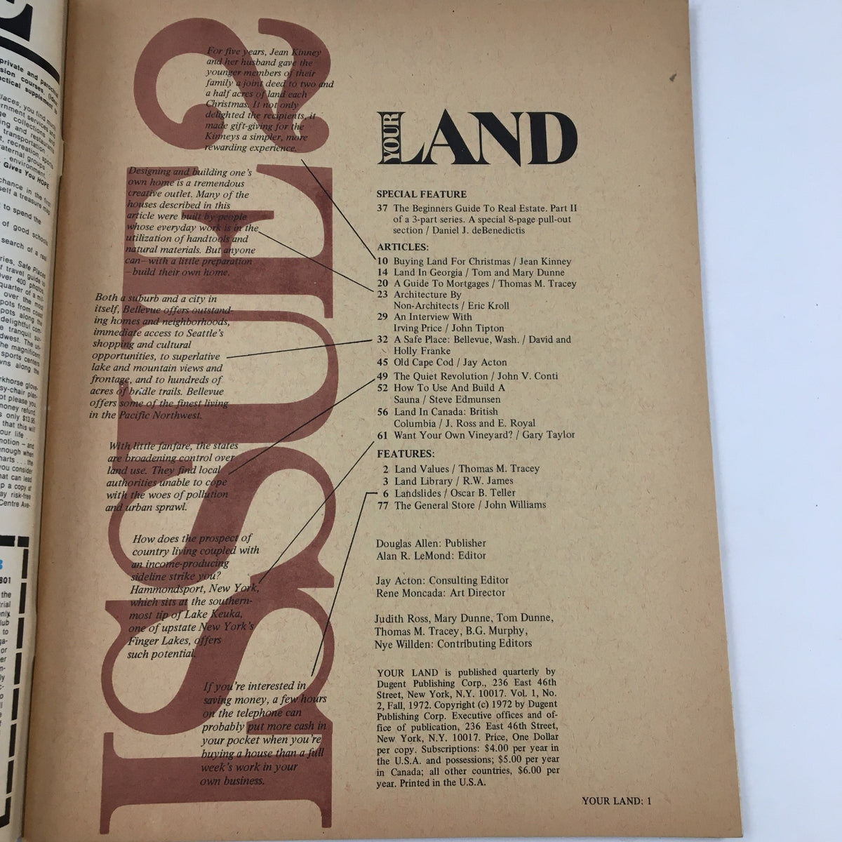 Interior page of Your Land Magazine Fall 1972 displaying a table of contents with various articles related to land and mortgages.