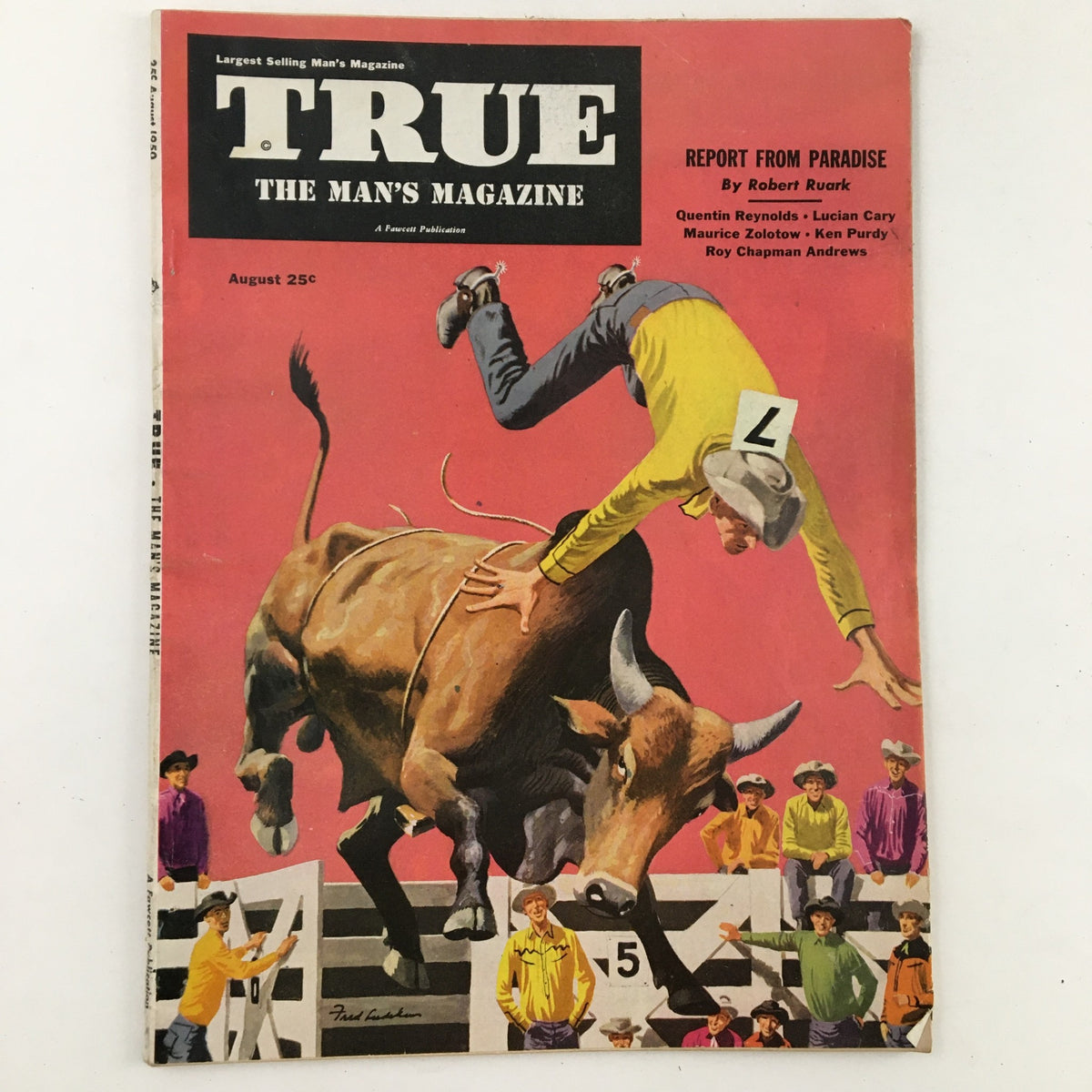 Cover of True Magazine August 1950 featuring the title 'The Greatest Manhunt of the West' with a vibrant illustration of a cowboy riding a bucking bull and a lively rodeo scene.