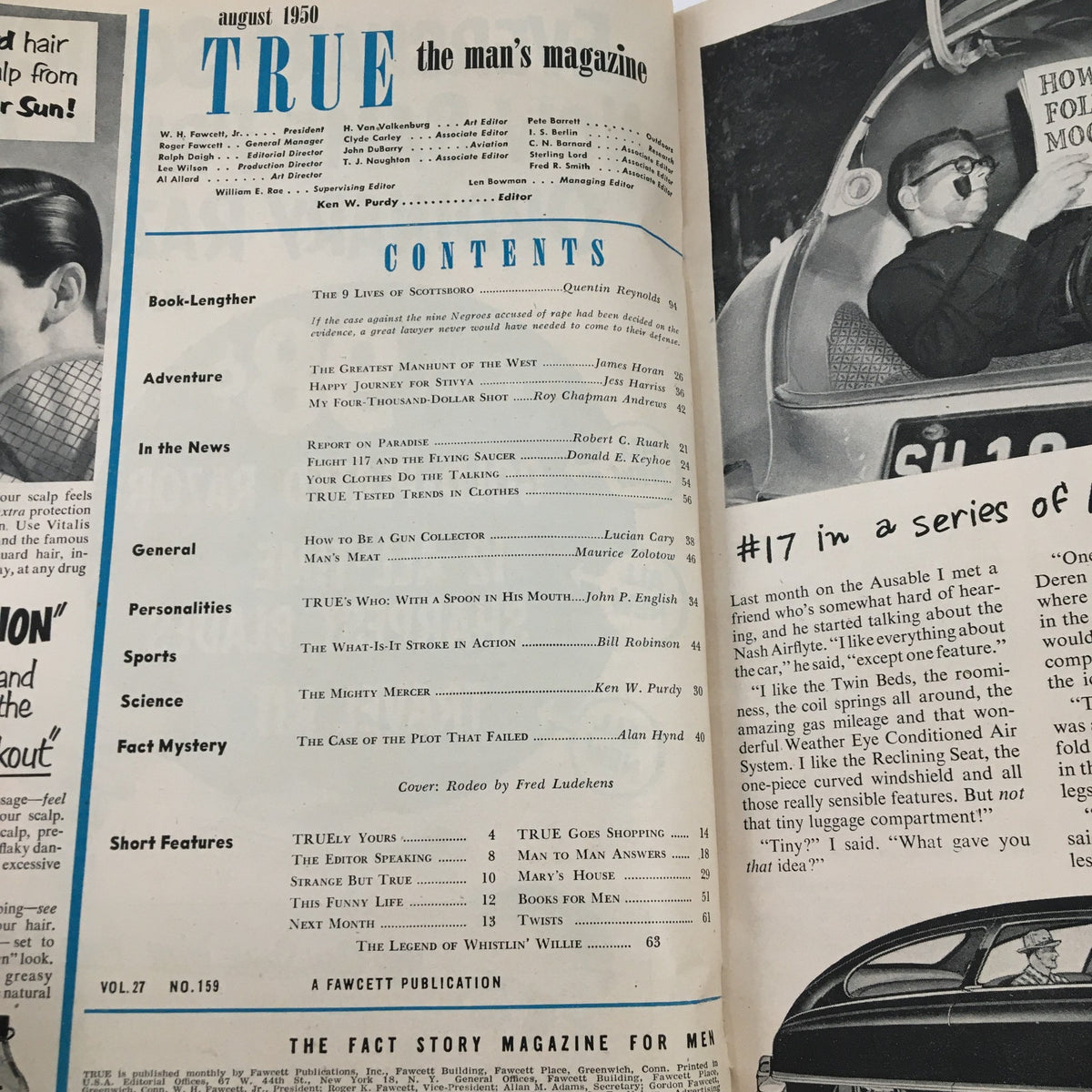 Interior page of True Magazine August 1950 showcasing the table of contents and featured articles including 'The Greatest Manhunt of the West'.