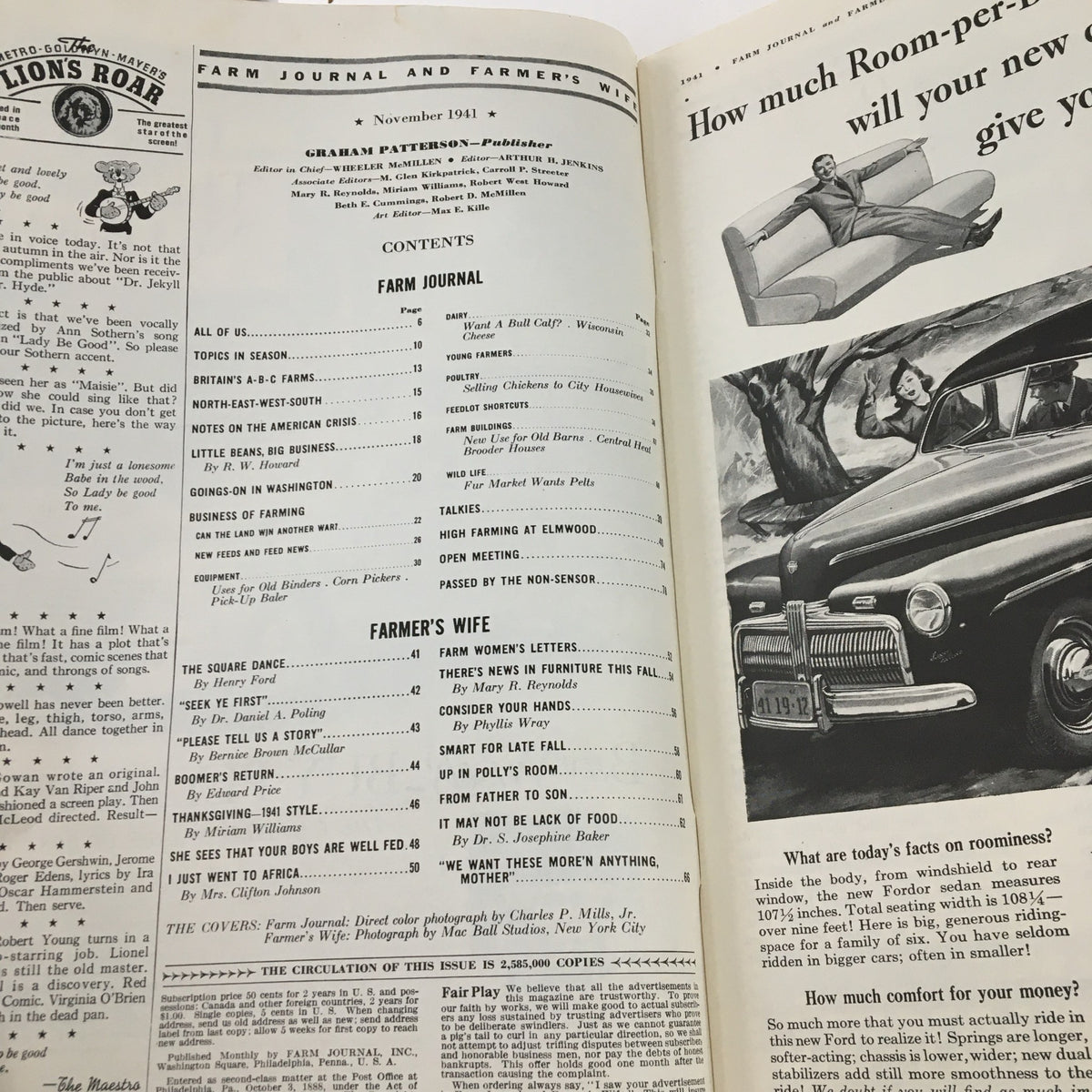 Interior page of Farm Journal Magazine from November 1941 featuring table of contents and articles including 'I Just Went To Africa'. Highlights farming topics and historical content.