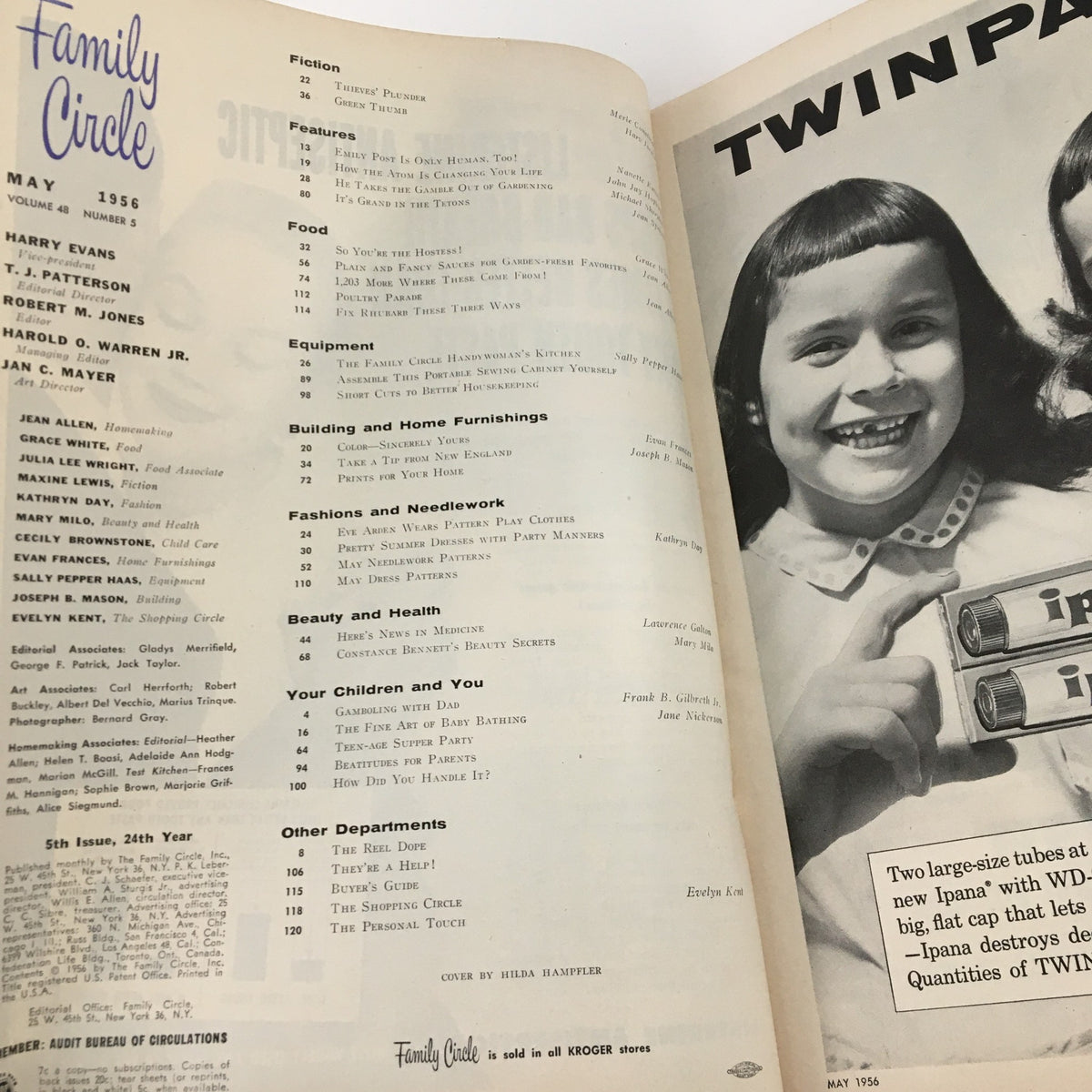 Interior page of Family Circle Magazine May 1956 featuring the table of contents, showcasing articles on food, gardening, and health, along with advertisements, providing a glimpse into mid-20th century lifestyle and culture.