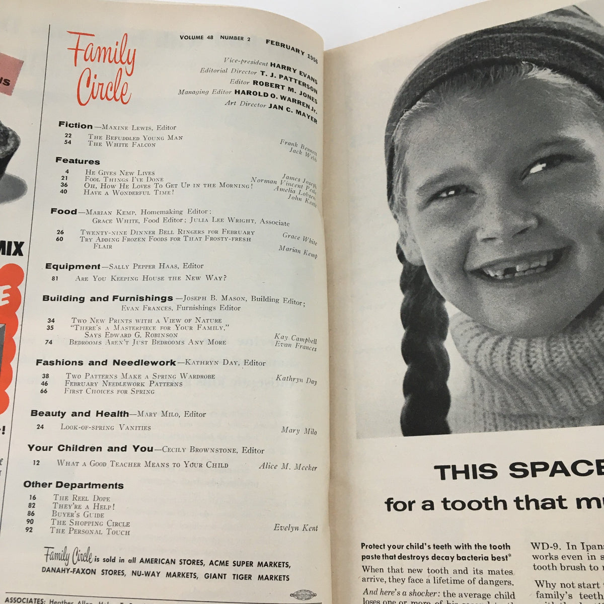 Interior page of Family Circle Magazine, February 1956, displaying table of contents and featuring a smiling girl, illustrating family life in the 1950s.