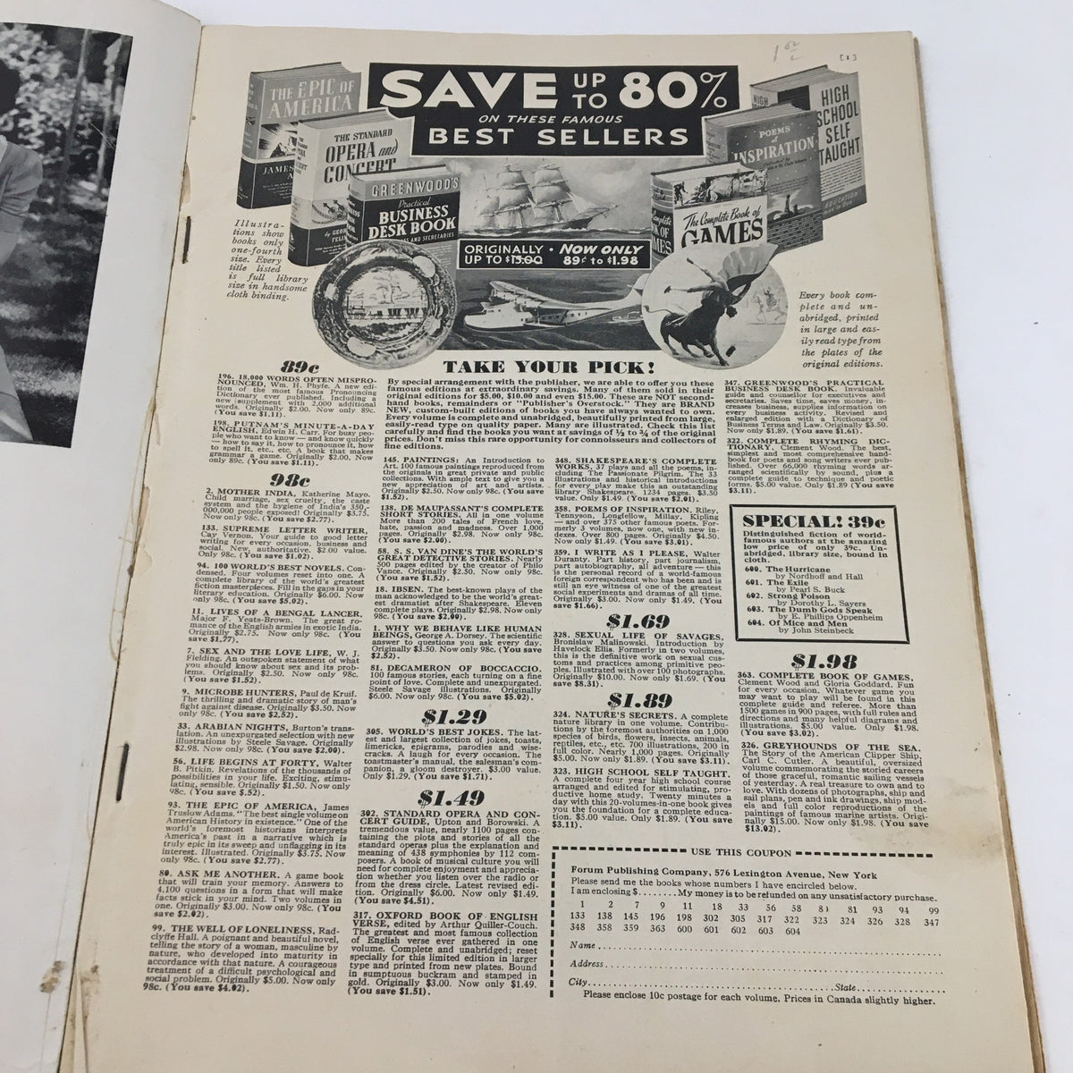 A page from the Forum and Century magazine, September 1938, advertising book offers with discounts, featuring best sellers and highlighting special deals.