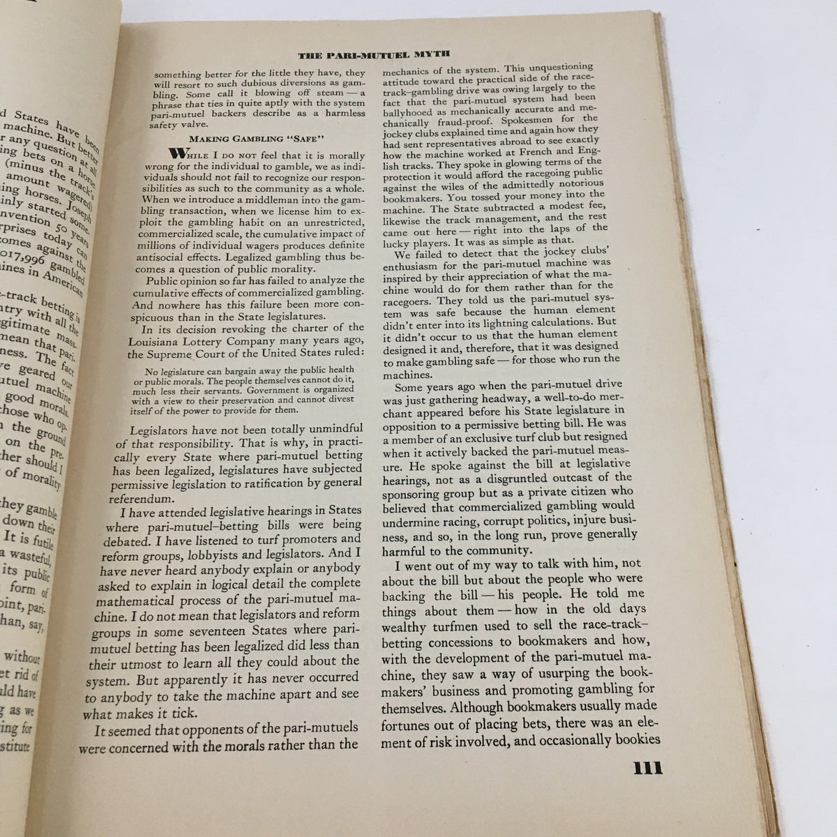 An article page from the Forum and Century magazine, September 1938, titled 'The Pari-Mutuel Myth,' analyzing issues related to gambling and its impact on society.
