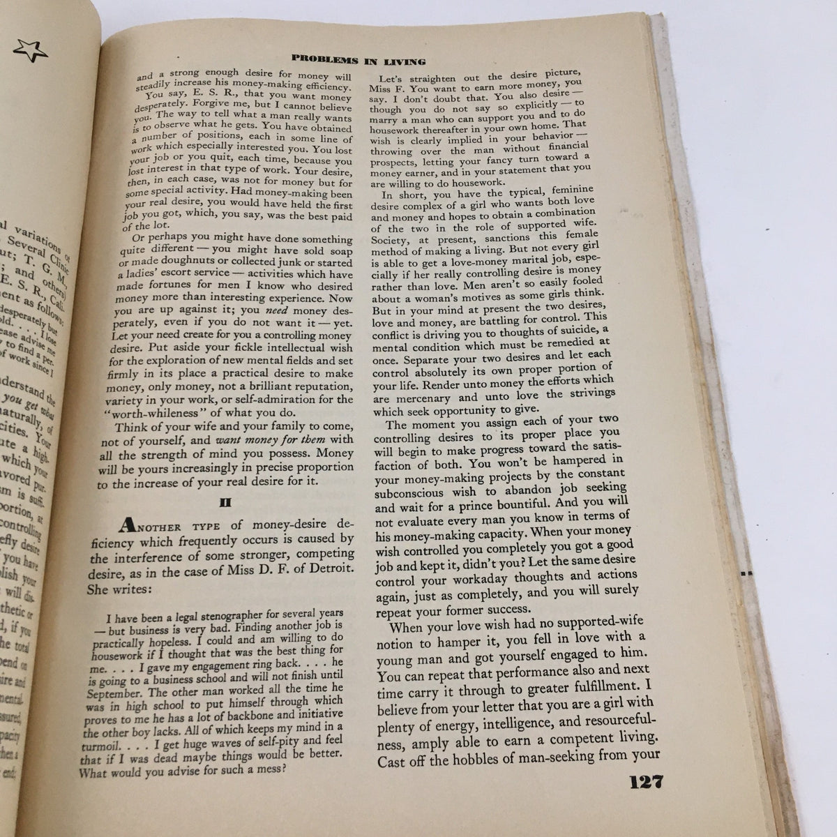 Page from the Forum and Century September 1938 magazine featuring the article 'Problems in Living' discussing financial and personal challenges faced by individuals.