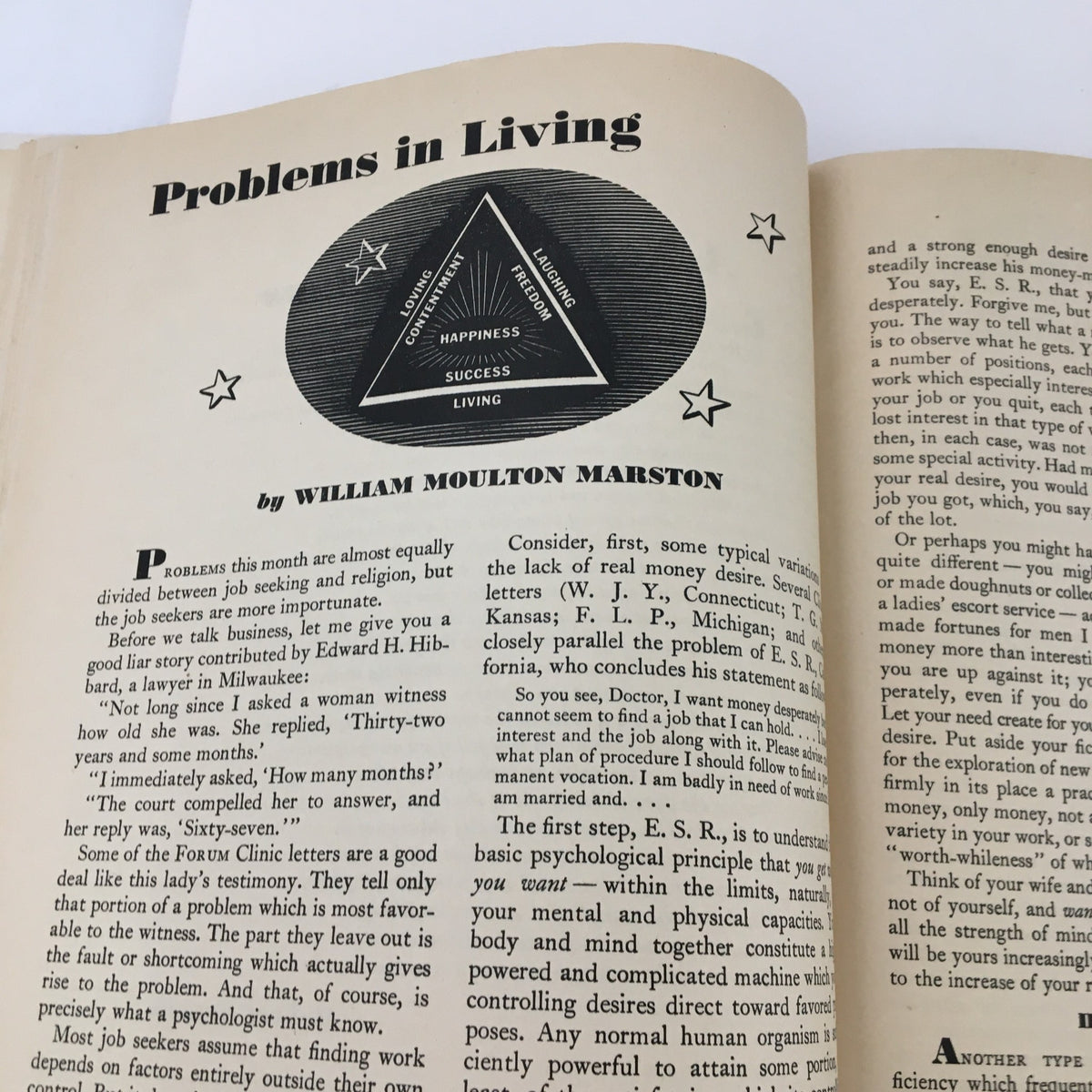 Another page from the Forum and Century September 1938 magazine showcasing 'Problems in Living' article with insights on job seeking and personal fulfillment.