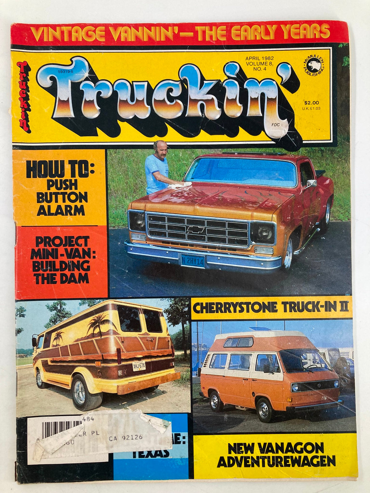 Cover of Truckin' Magazine April 1982 featuring Mahlon Downard's '77 Chevy Stepside, with vintage designs and articles on classic trucks and vanning culture.