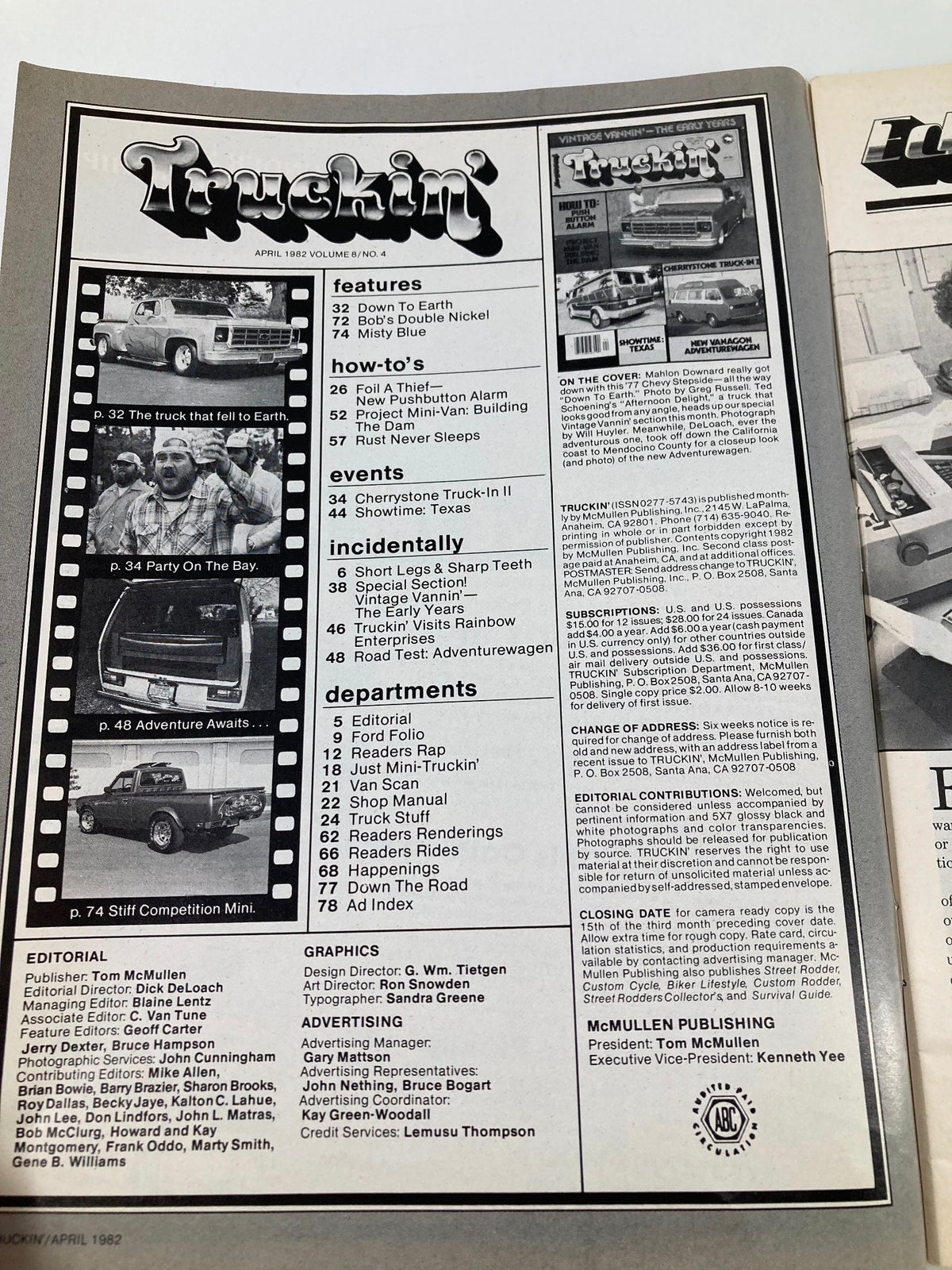 Inside view of the Truckin Magazine April 1982 issue featuring table of contents and highlights including Mahlon Downard's '77 Chevy Stepside. This vintage automobile magazine captures classic truck culture and automotive trends of the early '80s.