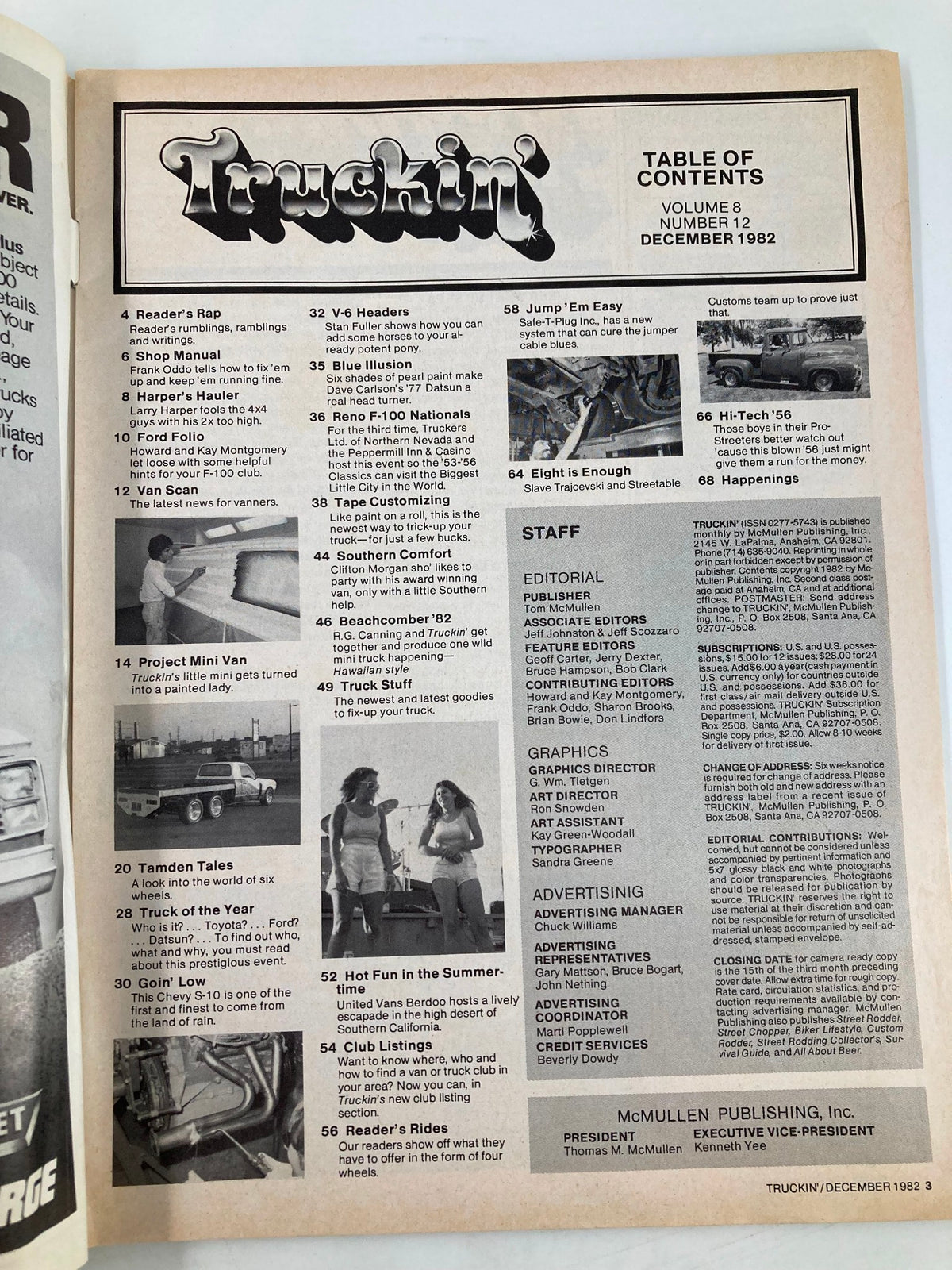 Table of contents from VTG Truckin Magazine December 1982, featuring articles on dual axle trucks, Reno F-100 Nationals, and various automotive topics.