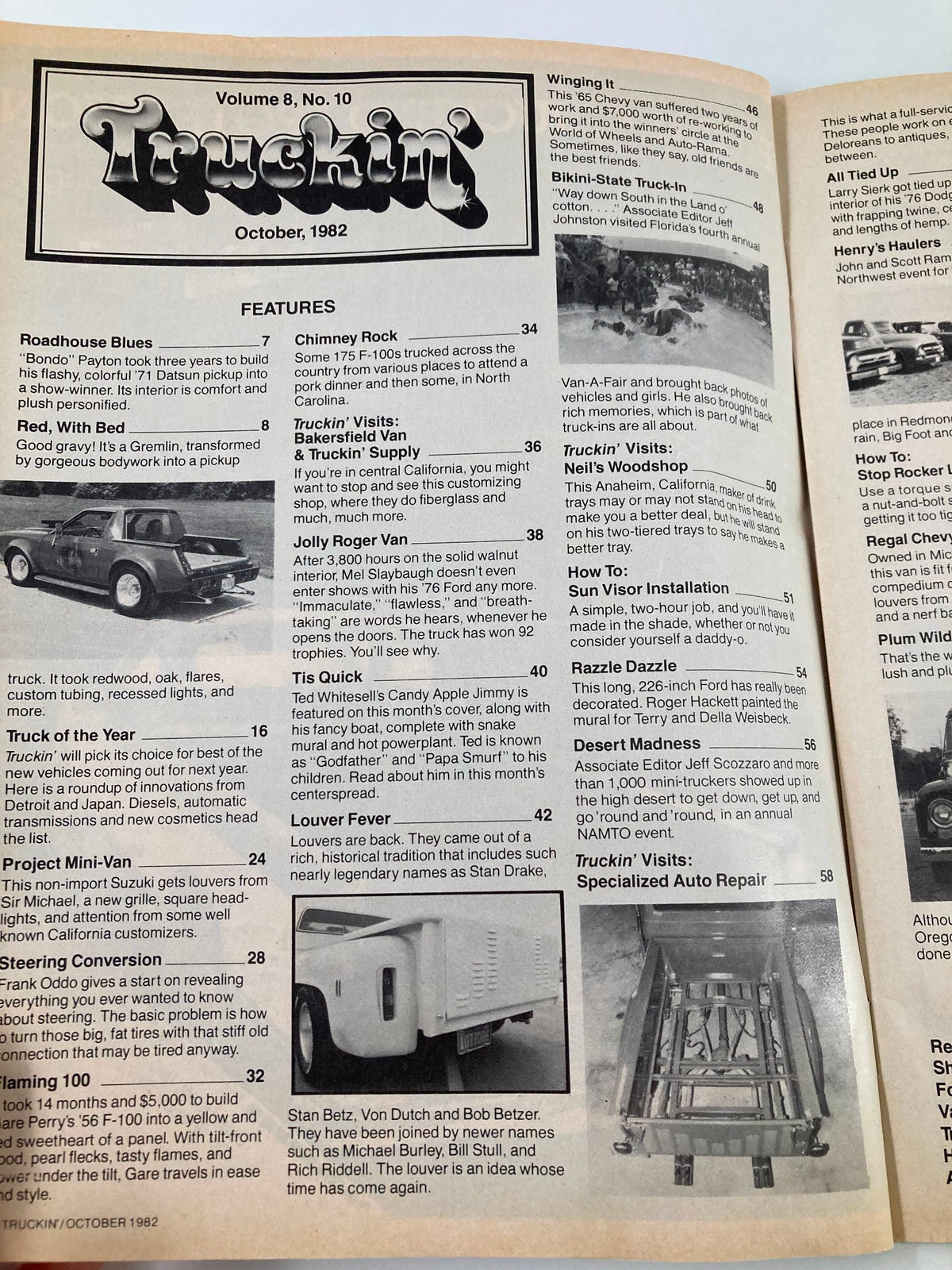 Interior page of the October 1982 Truckin' Magazine highlighting features and articles, including Steering Conversion and descriptions related to classic truck culture.