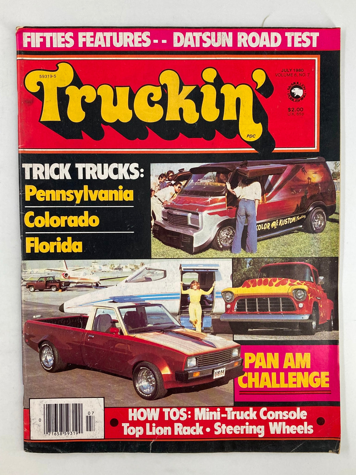 VTG Truckin Magazine July 1980 cover featuring trick trucks from Pennsylvania, Colorado, and Florida with vibrant graphics and classic truck designs.