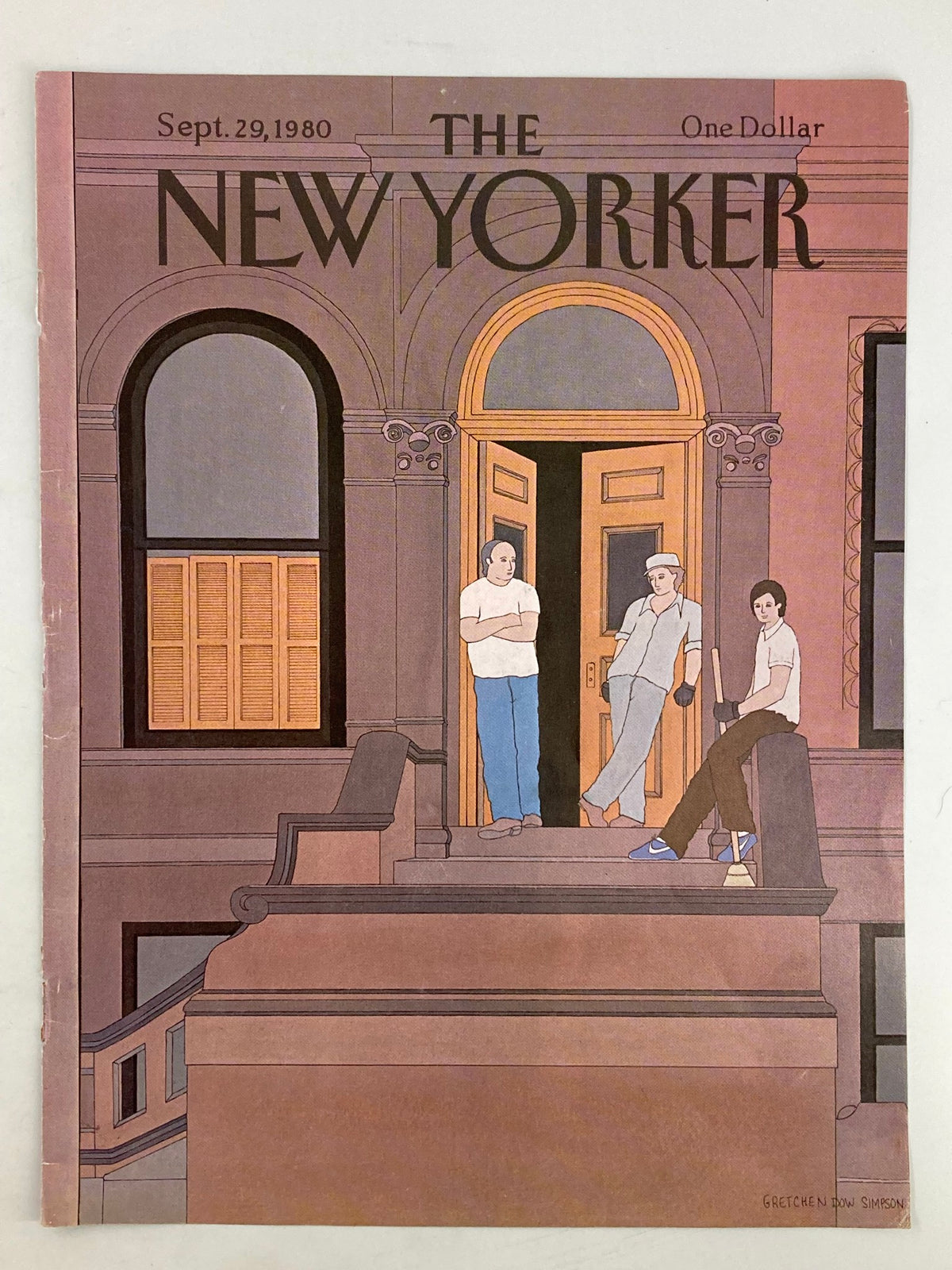 COVER ONLY The New Yorker September 29 1980 Waiting Up by Gretchen Dow Simpson, depicting a colorful illustration of three people sitting on stairs, highlighting the cover's cultural significance.