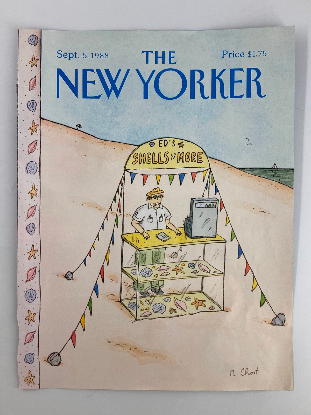The New Yorker September 5 1988 cover showcasing 'Ed's Shells and More' by Roz Chast, illustrating a humorous beach vendor selling shells, highlighted by a playful seaside backdrop.