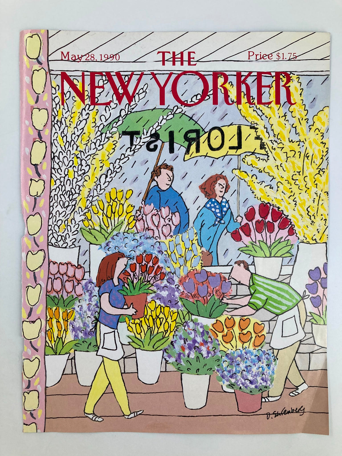 COVER ONLY The New Yorker May 28 1990 Queen's Florist by Devera Ehrenberg, featuring a colorful flower shop scene with vibrant floral arrangements and shopkeepers attending to customers.