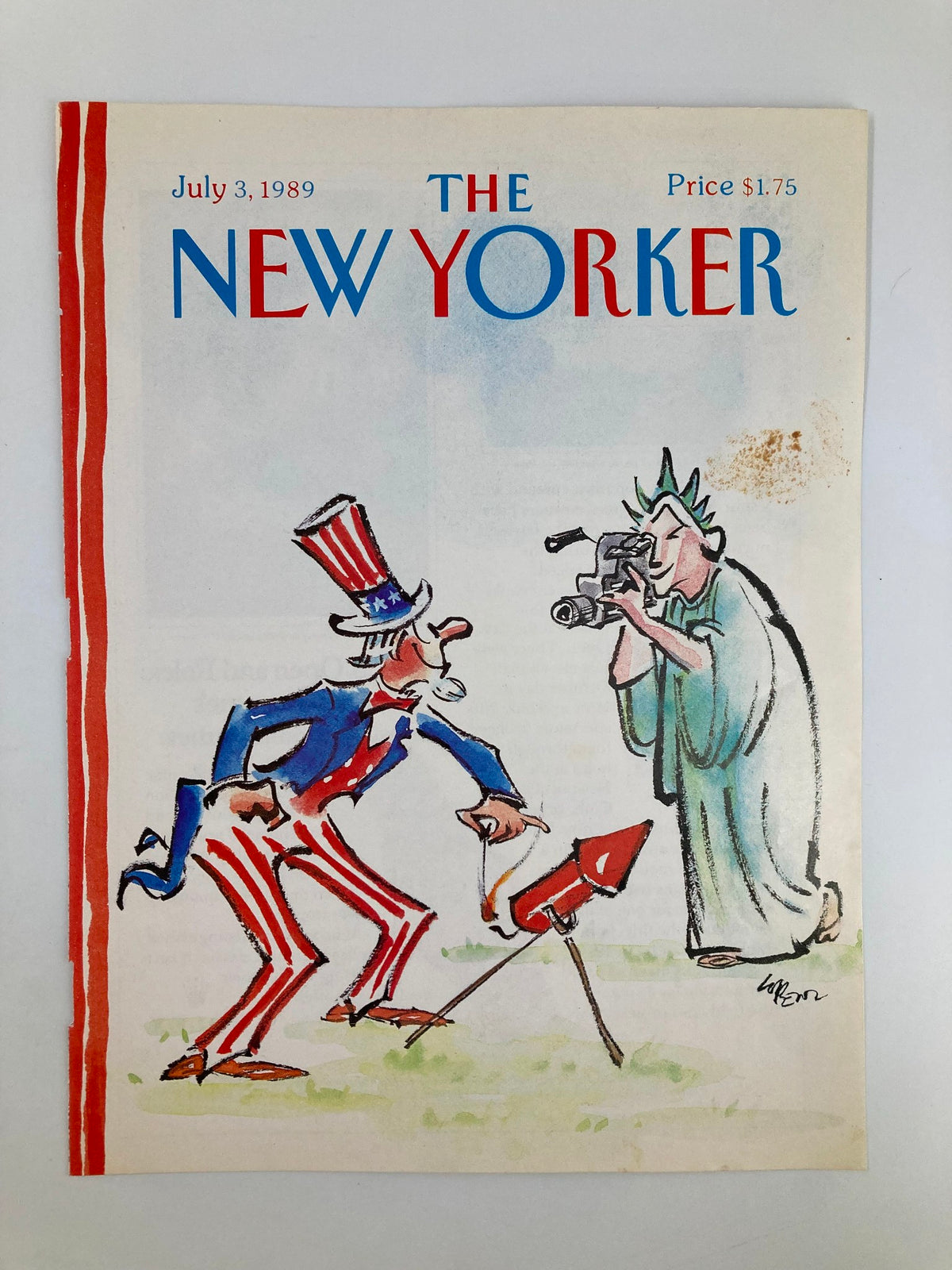 The New Yorker cover from July 3, 1989, depicting Uncle Sam interacting with Lady Liberty, illustrated by Lorenzo Mattotti.