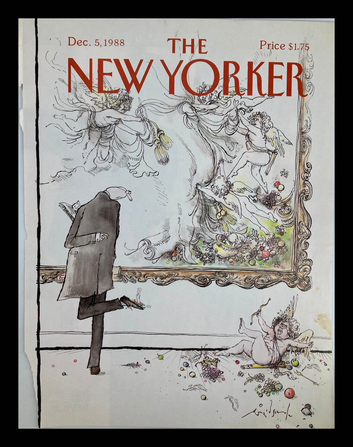 The New Yorker cover December 5 1988 titled 'Angel's a Mess' by Ronald Searle featuring whimsical illustrations of angels and a man observing art.