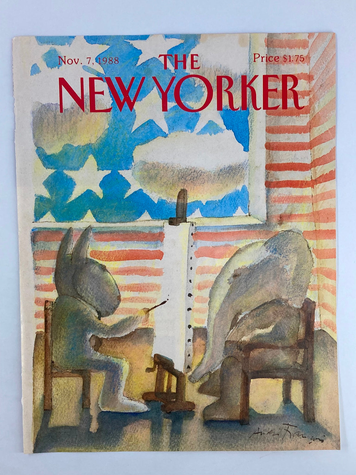 The New Yorker November 7 1988 Rabbit Painting Cover featuring a whimsical illustration of a rabbit and an elephant, showcasing André François's distinctive watercolor style.