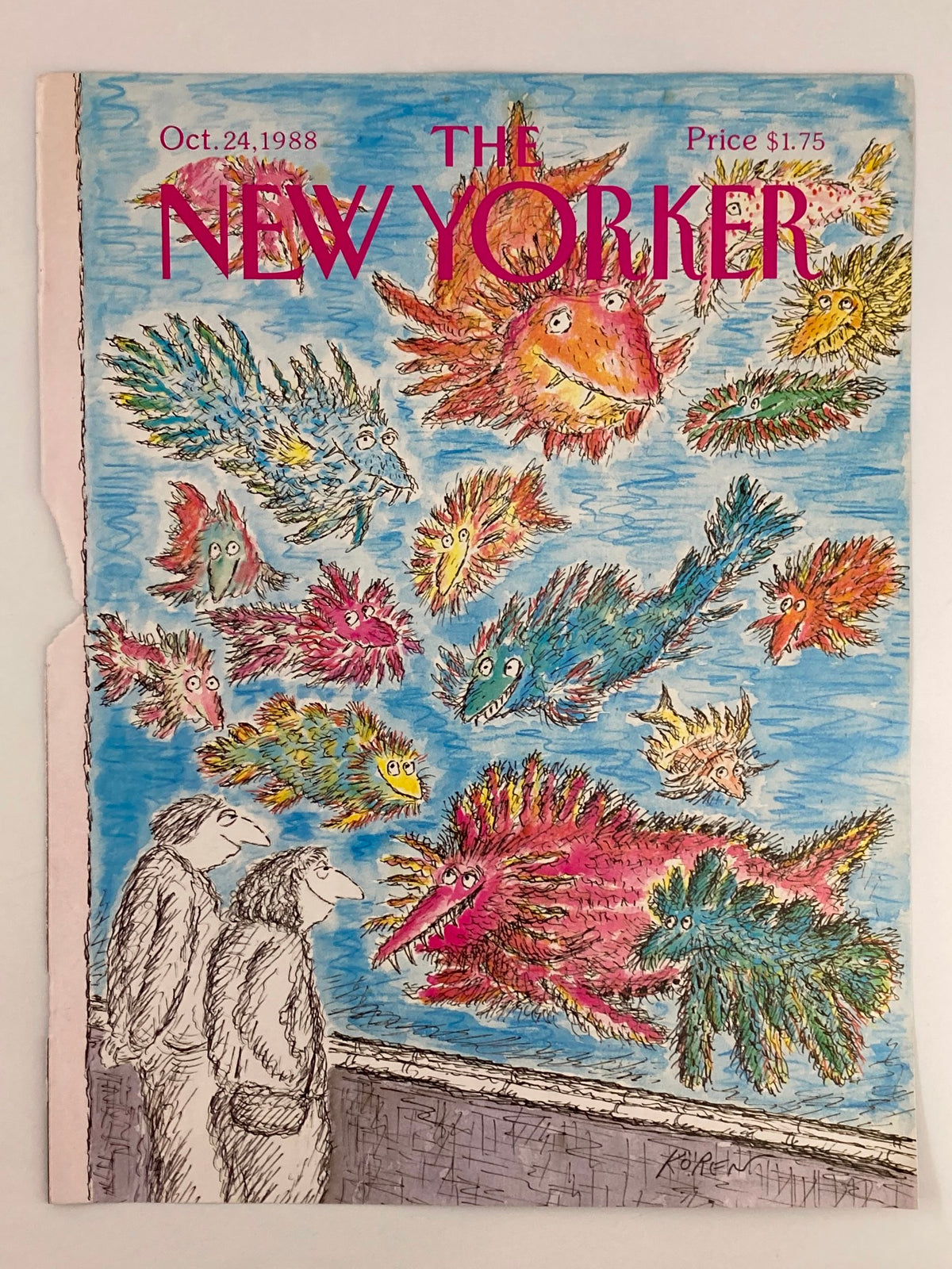 Vintage cover of The New Yorker from October 24, 1988, illustrated by Edward Koren, depicting colorful aquarium fish and two figures admiring the artwork.